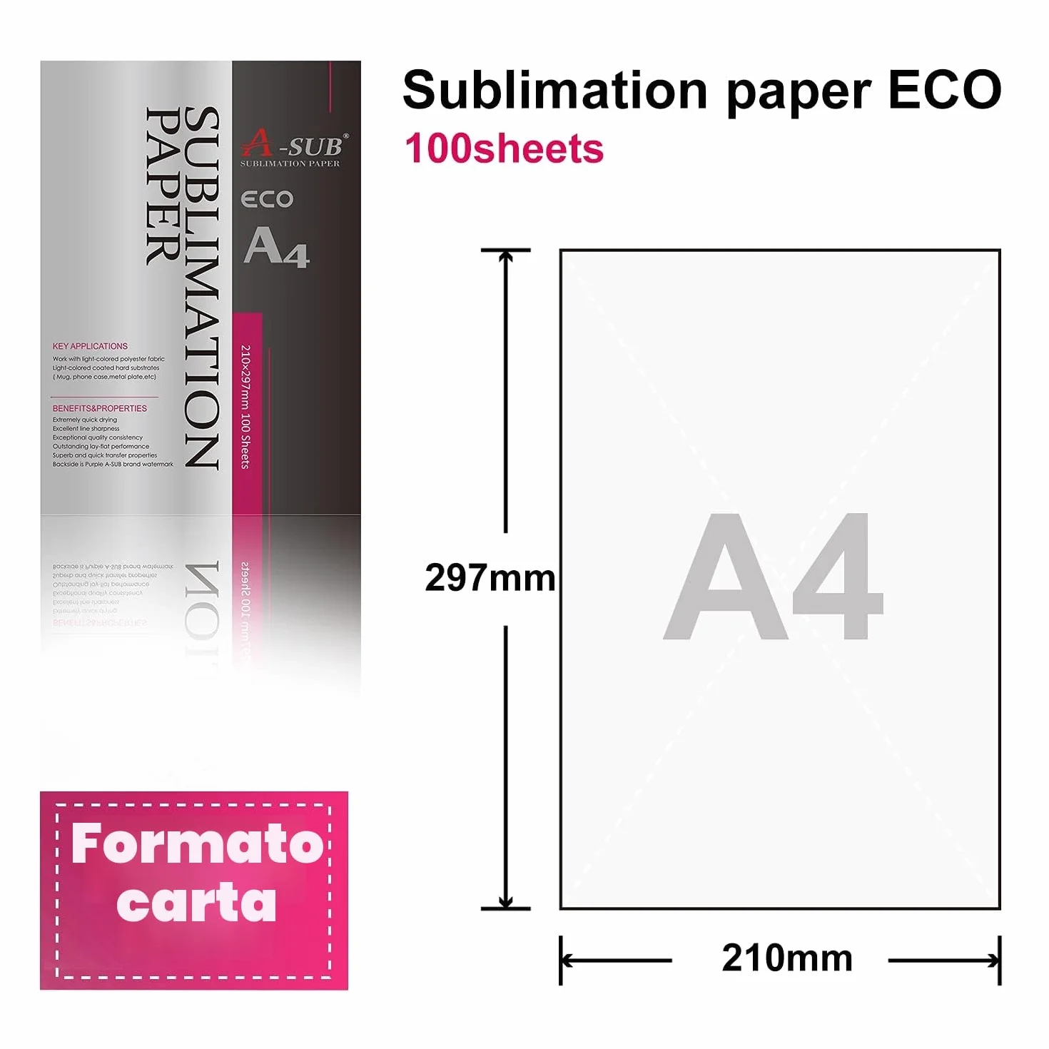 A-SUB Carta per sublimazione A4 210x297 mm 100 fogli Compatibile EPSON SAWGRASS RICOH BROTHER