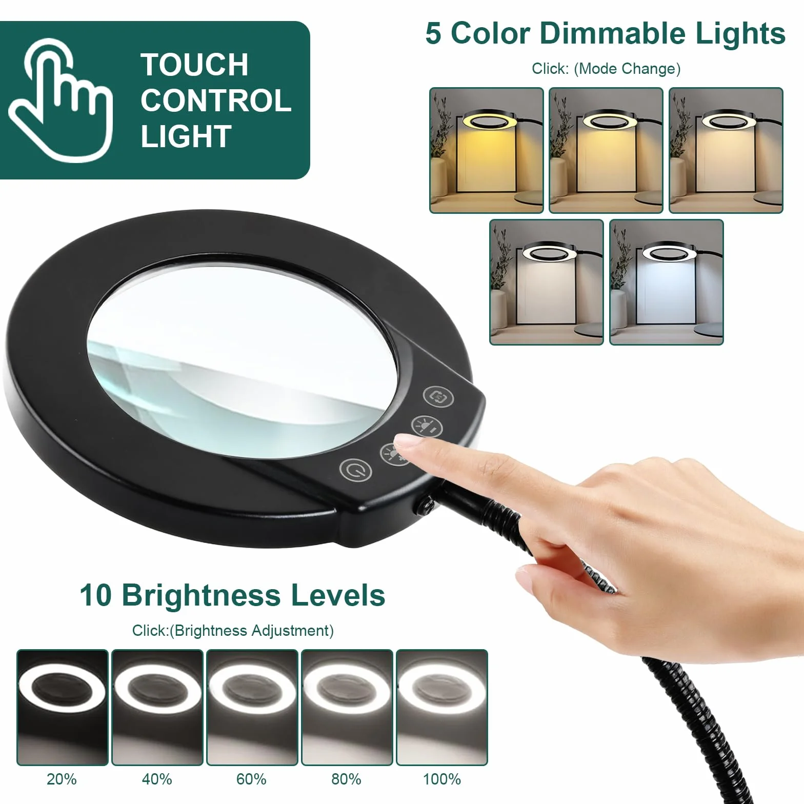 10x Lente di Ingrandimento con Luce, 5 Modalità Colore Dimmerabili Lampada Lente Ingrandimento, Lampada ingrandimento per Lettura Riparazione Artigianato