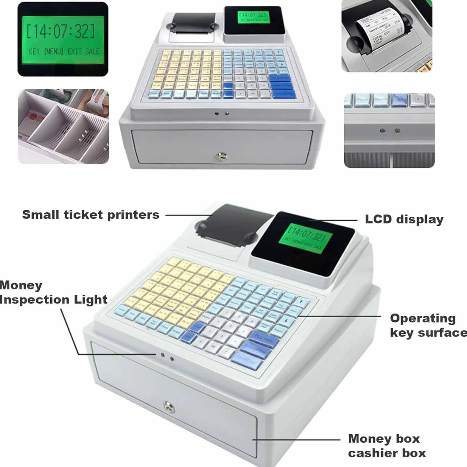 Registratore di cassa a 81 tasti, registratore di cassa elettronico per piccole imprese, registratore di cassa commerciale a 8 LED digitali con cassetto, uso per negozi/ristoranti