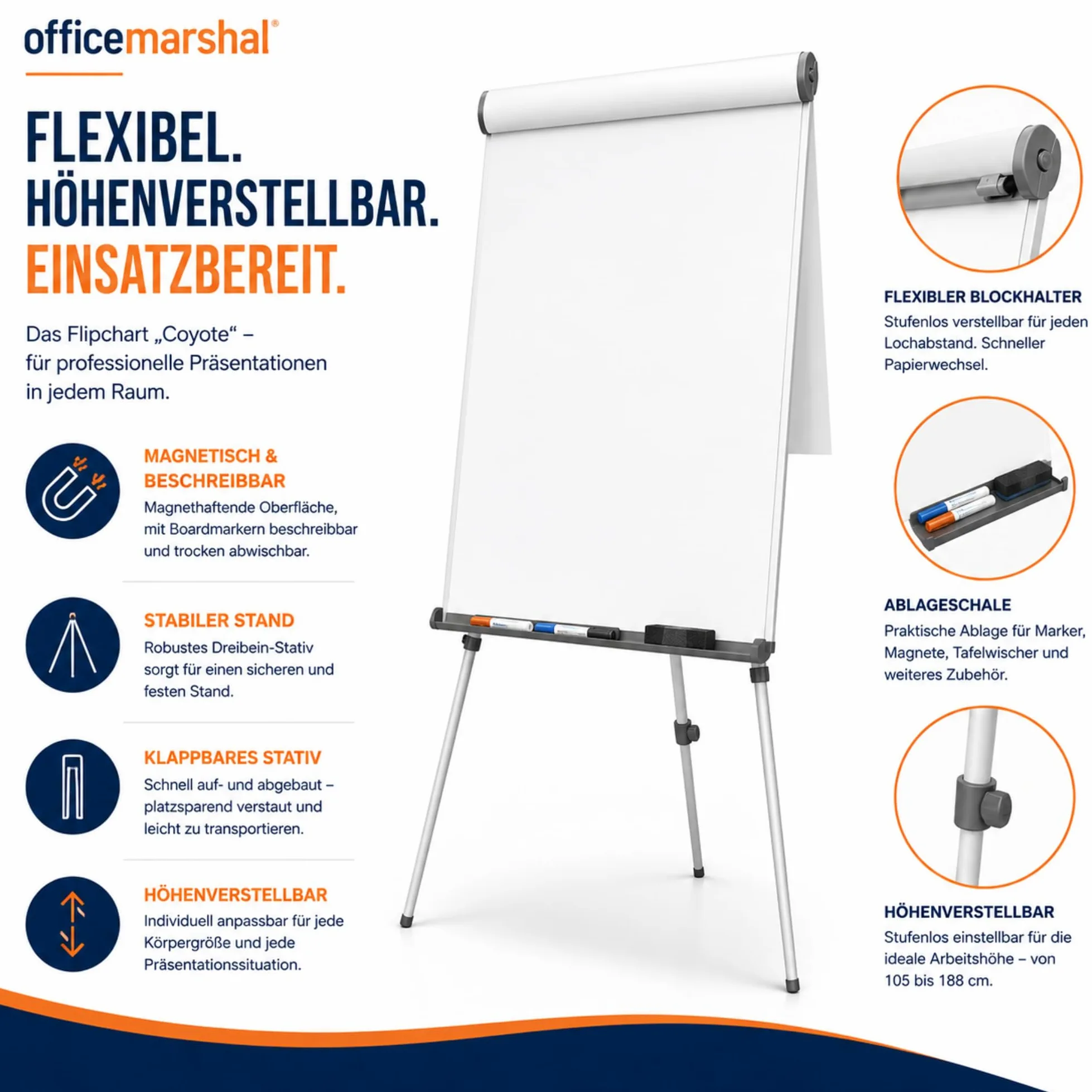 OfficeMarshal Lavagna magnetica con base a rotelle, 73 x 105 cm, regolabile in altezza fino a 210 cm, scrivibile, lavabile a secco, magnetica (coyote)