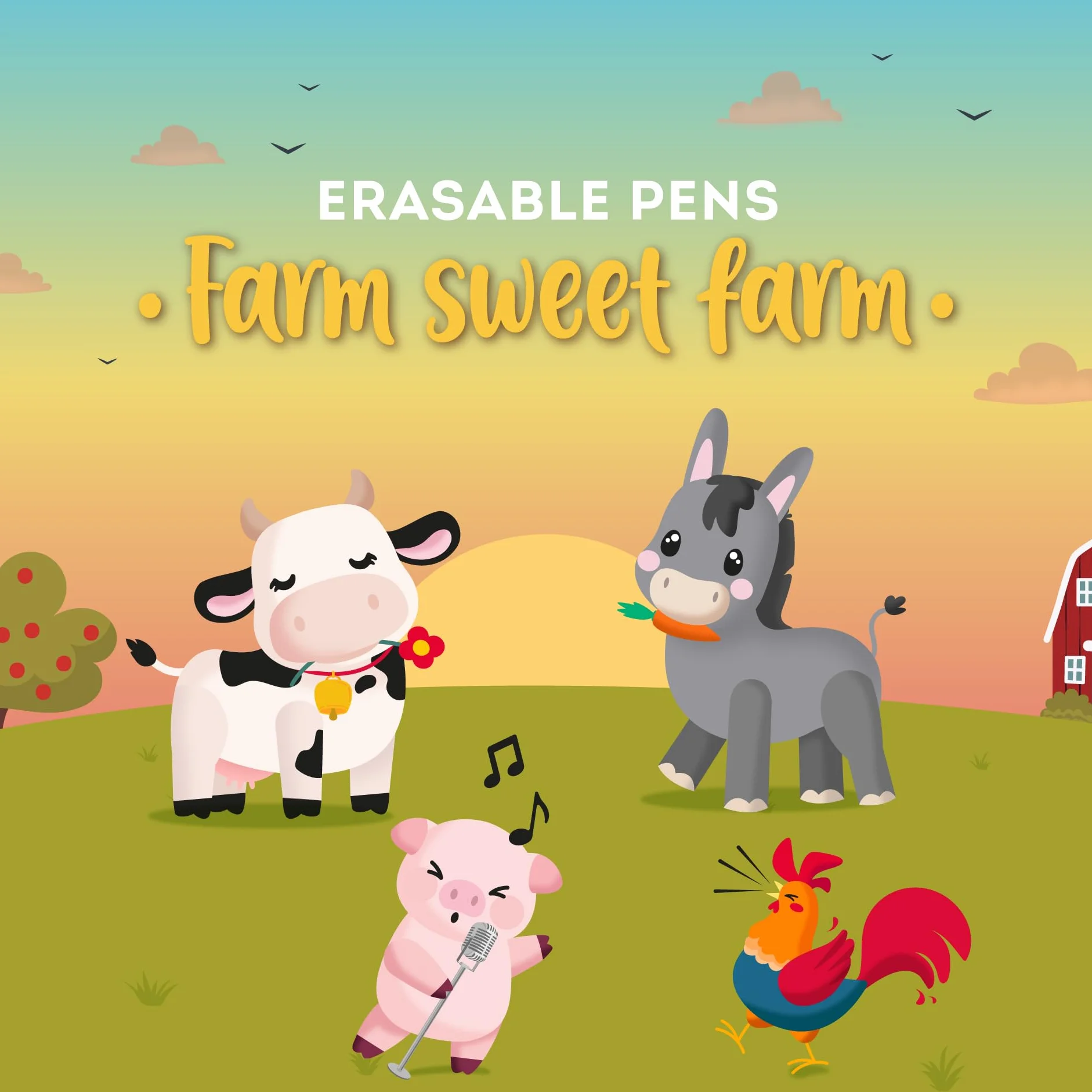 Legami Set di 4 Penne Gel Cancellabili Farm Sweet Farm, Inchiostro Termosensibile, Nero Rosa Verde Rosso, Punta 0,7 mm