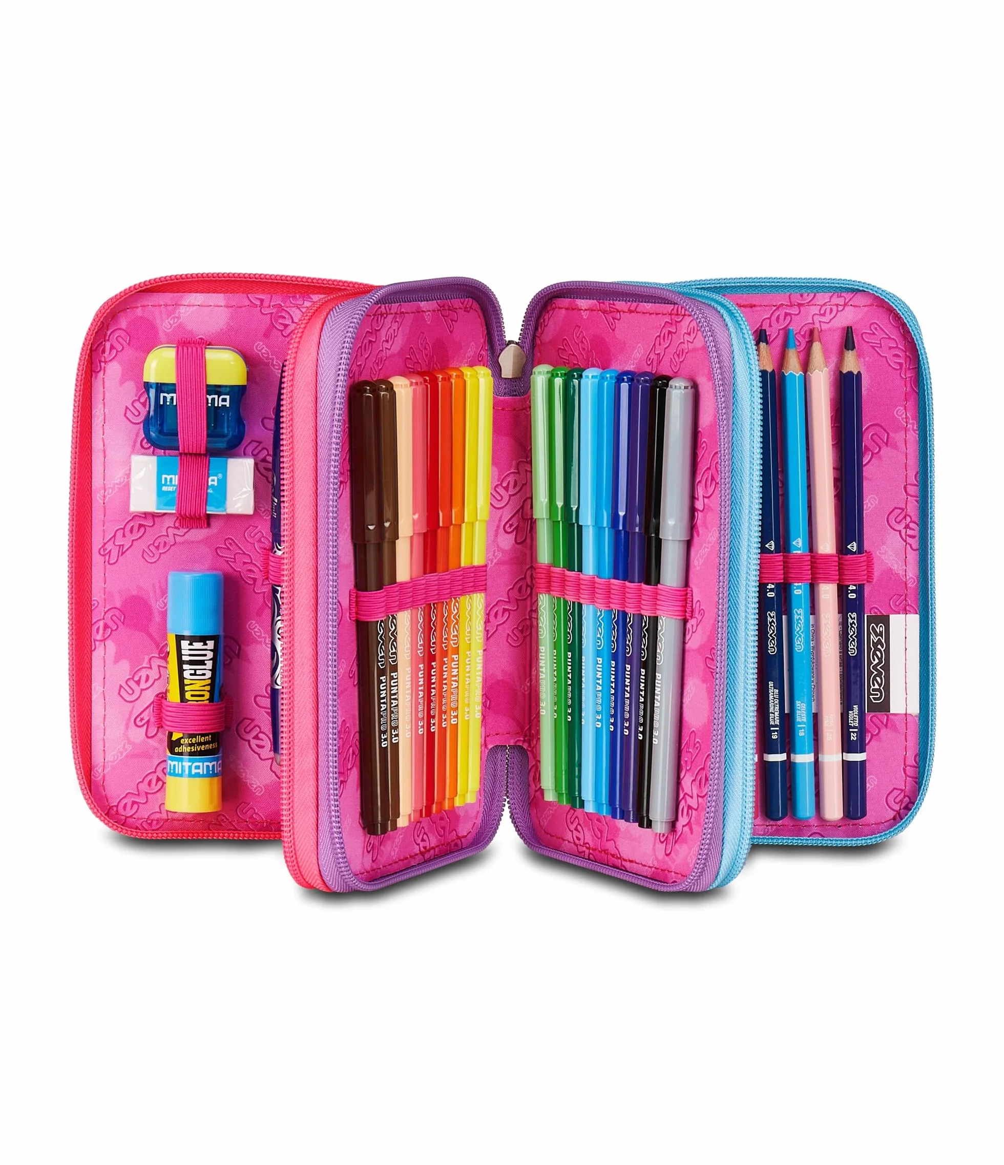 Seven Astuccio Scuola 3 scomparti con Matite Pennarelli Penne 3 Zip rosa/azzurro