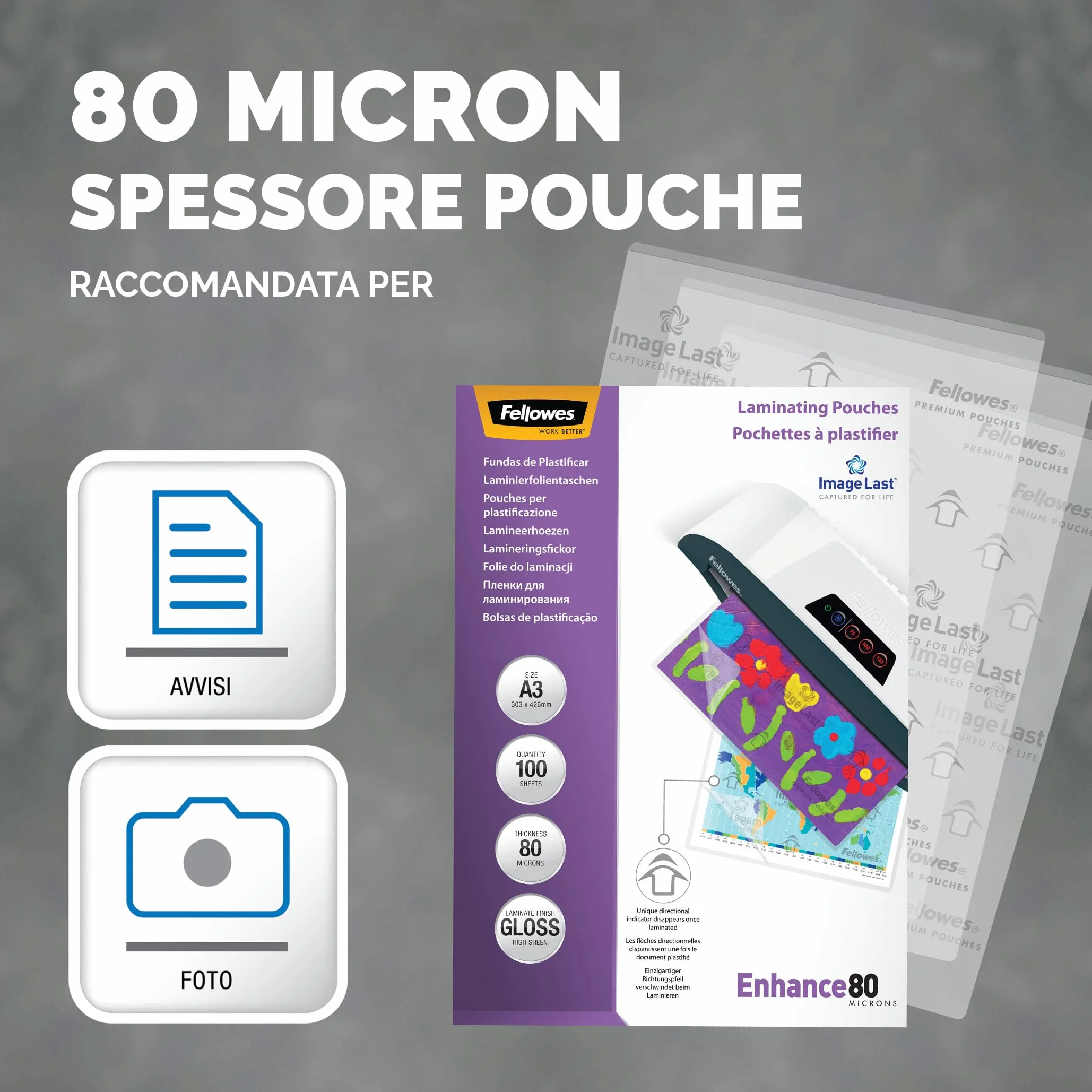 Fellowes Enhance80 buste plastificatrice A3 80 Micron confezione da 100