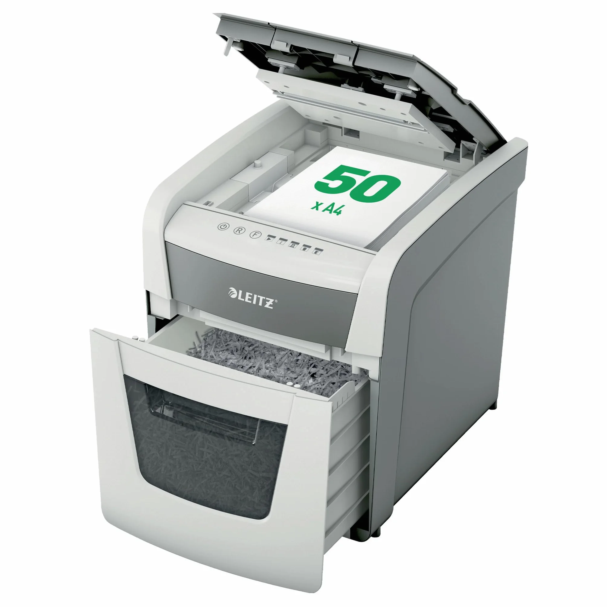 Leitz IQ Autofeed Small Office 50X P4 Distruggidocumenti Automatico a Taglio Incrociato, per 50 fogli, 20 litri - Bianco