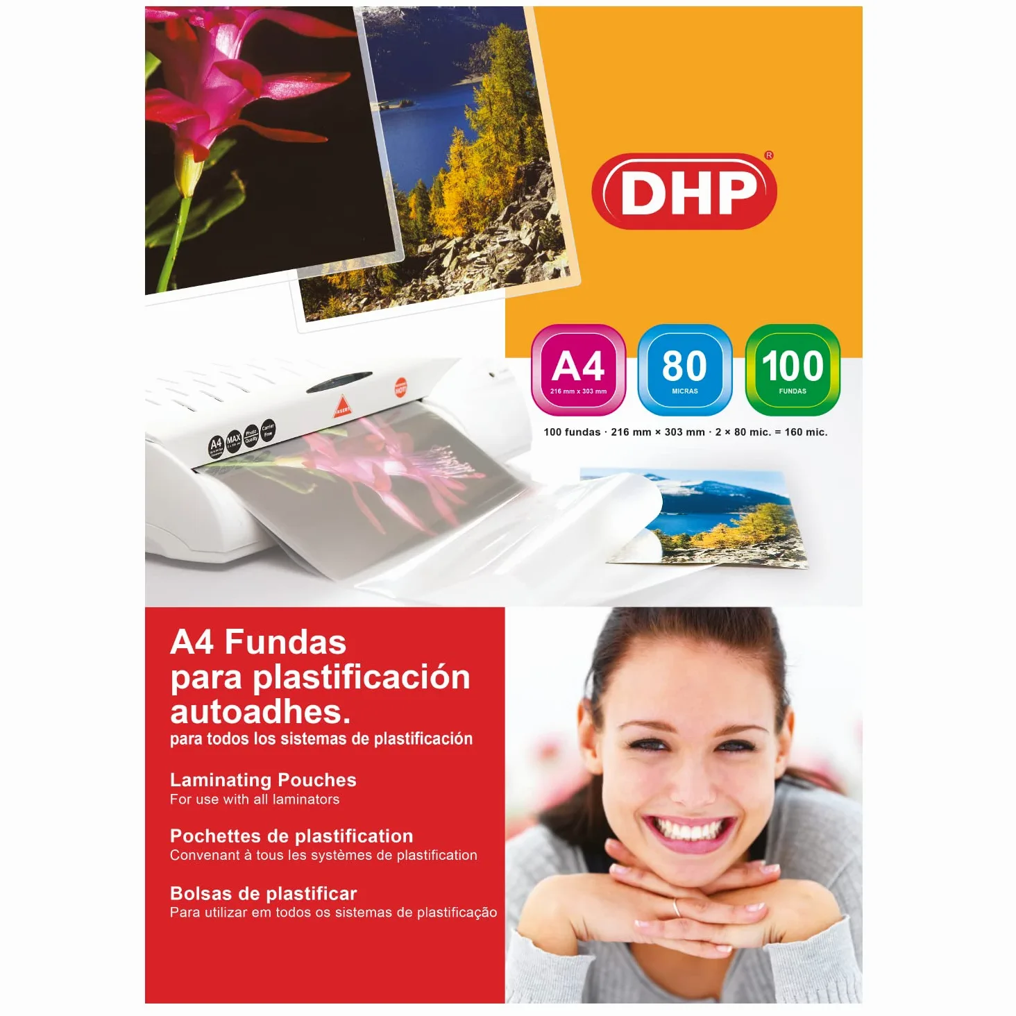 Custodie di Plastificar DHP - Formato A4 autoadesive, 80 micron, Brillo, Confezione da 100 unità