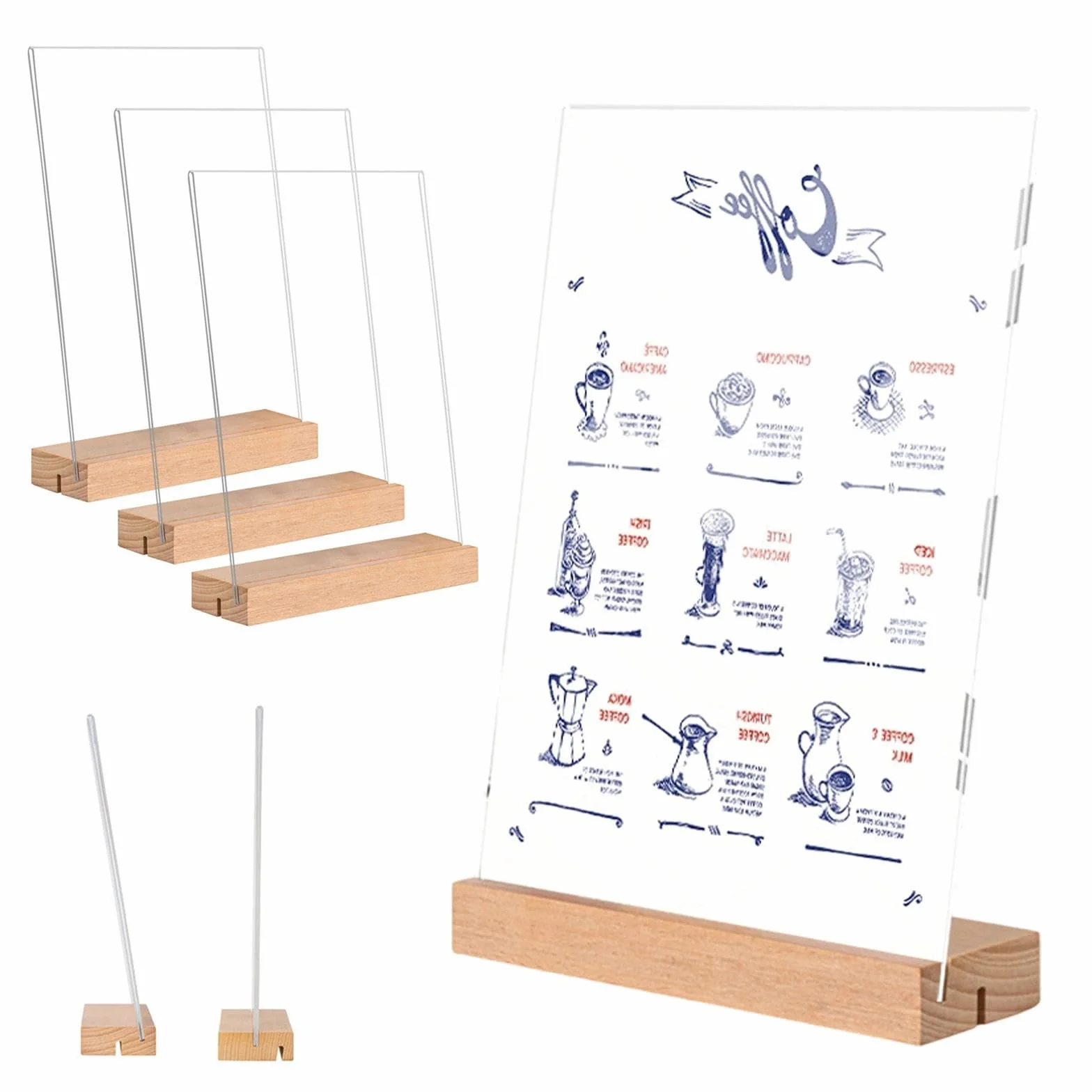 Espositore Plexiglass A6 Porta Menu da Tavolo Legno T Forma 6 Pezzi (10x15 cm) per Uffici, Ristoranti, Hotel