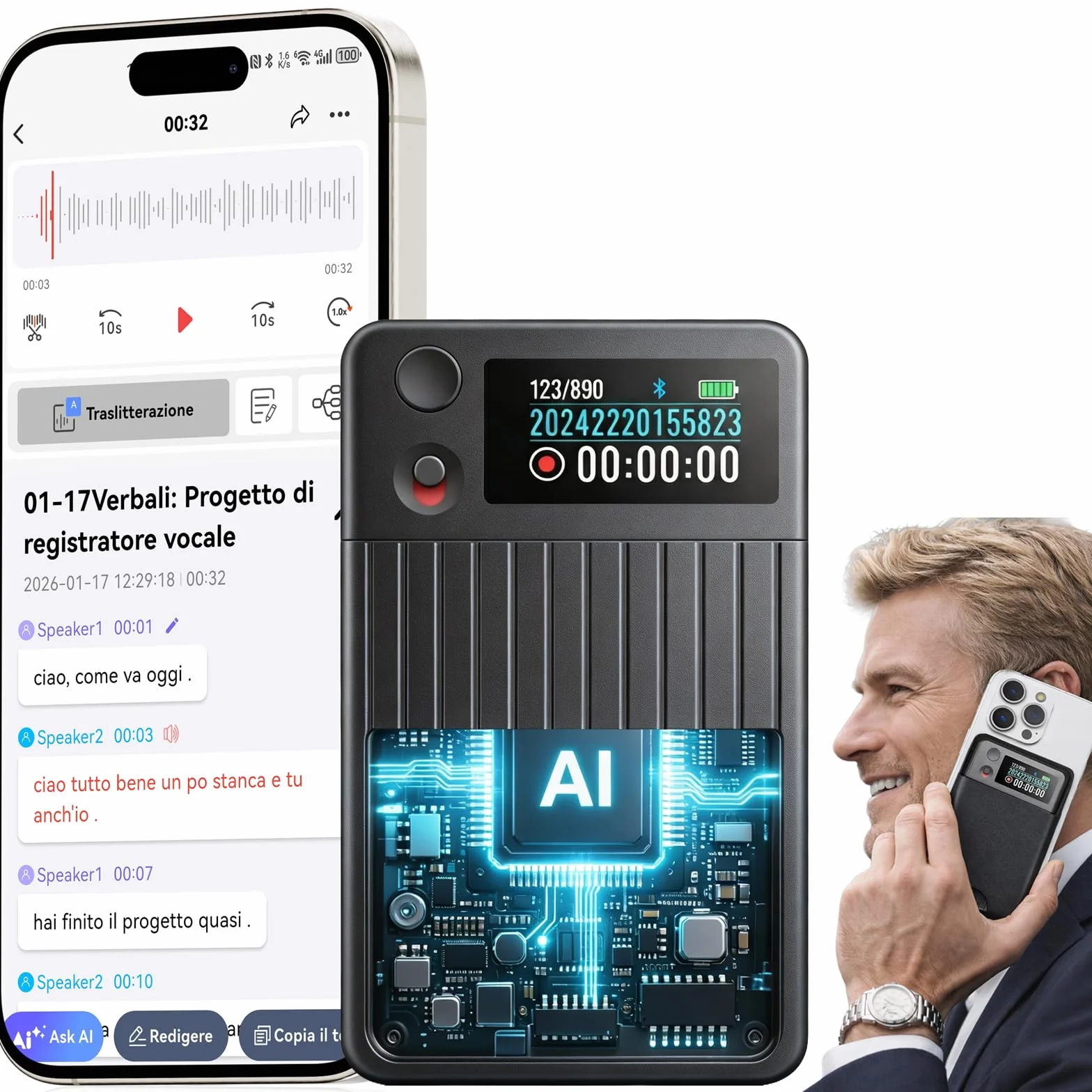 Registratore Vocale AI con Trascrizione e Riassunti AI Avanzati, 1200 Minuti al Mese, Audio HD, con Custodia, per Riunioni di Lavoro, Lezioni e Chiamate, Regalo per Professionisti e Studenti