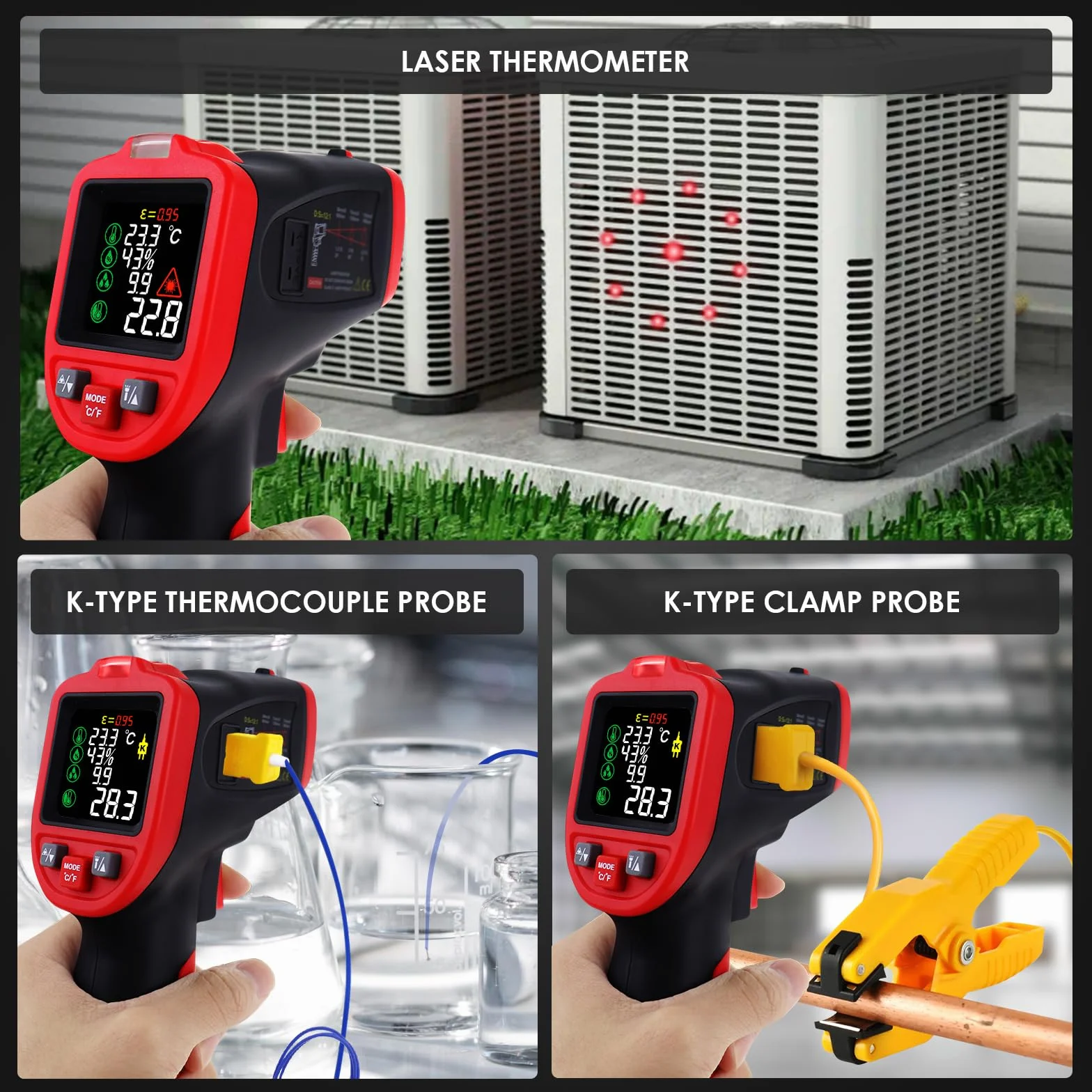 Termometro a infrarossi laser professionale -50°C a 850°C con termocoppia a pinza tipo K, senza contatto per temperatura in cucina, HVAC, industria