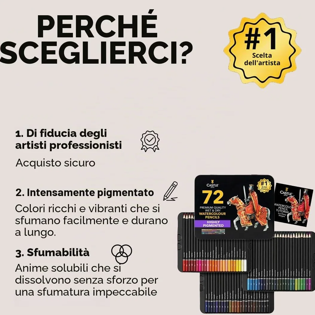 Castle Art Supplies Set di 72 Matite Acquerellabili per Adulti | Pigmenti vibranti per mescolanze, disegni e dipinti - per professionisti e hobbisti adulti - in cofanetto di metallo