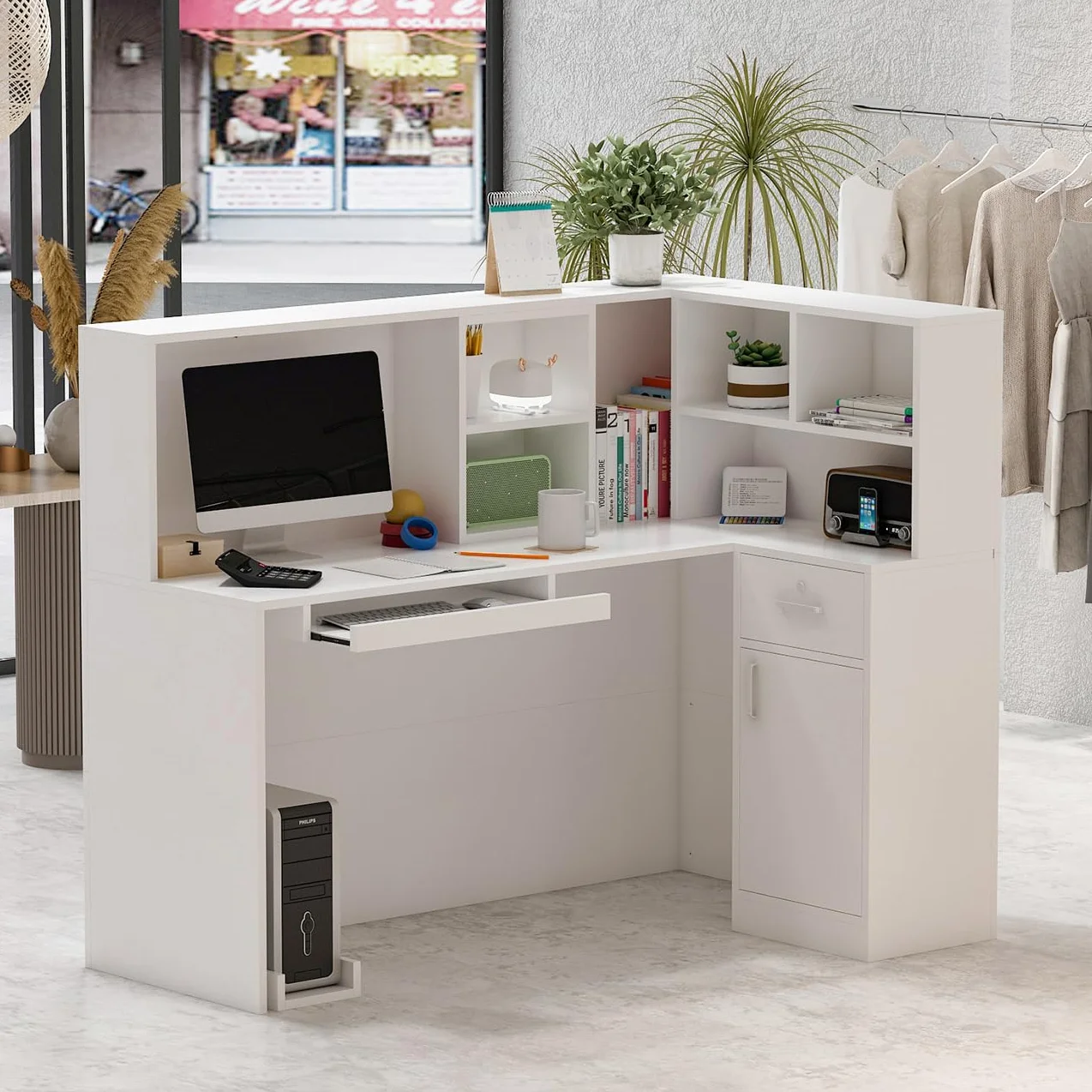 Banco Reception con Tavolo da Computer e Ripiano Rimovibile - 1 Cassetto e 1 Armadio - MDF, 140 x 80 x 120 cm