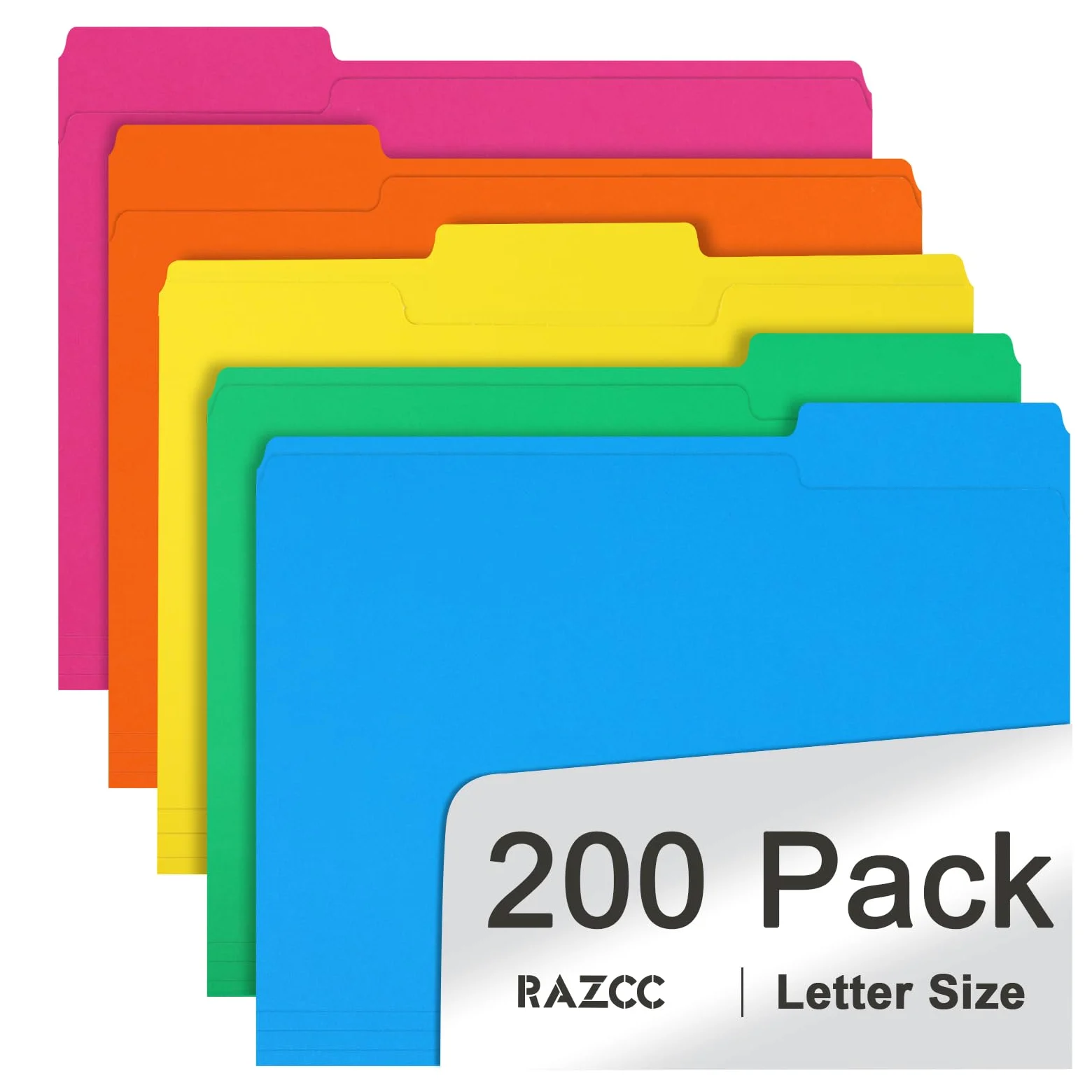 RAZCC - Confezione da 200 cartelle colorate con linguetta tagliata da 1/3, formato lettera, per ufficio, classe, con linguette, 5 colori assortiti