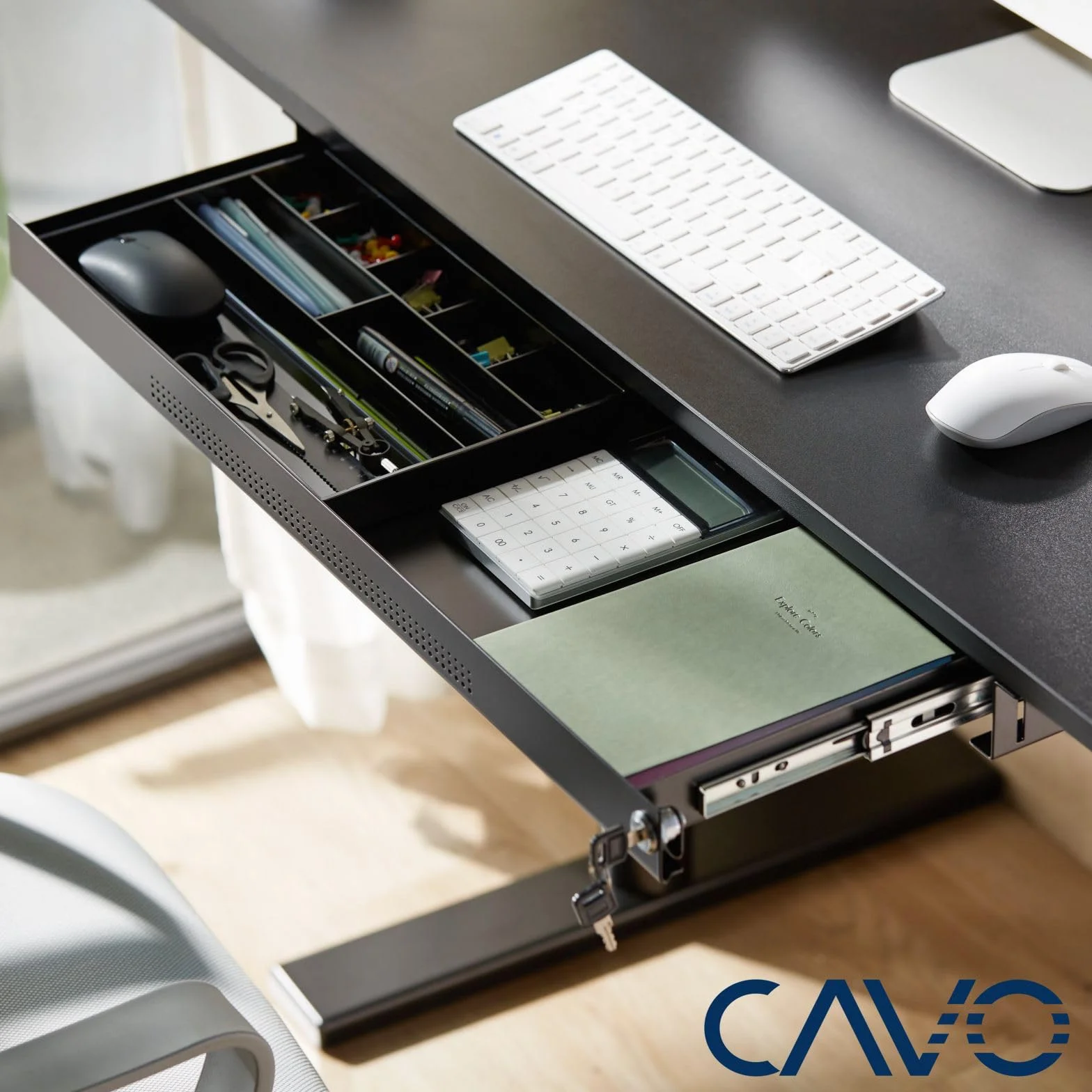 CAVO Cassetto portadocumenti, con serratura, acciaio 740 x 250 mm, incl. | inserto per nero, da tavolo sottopiano