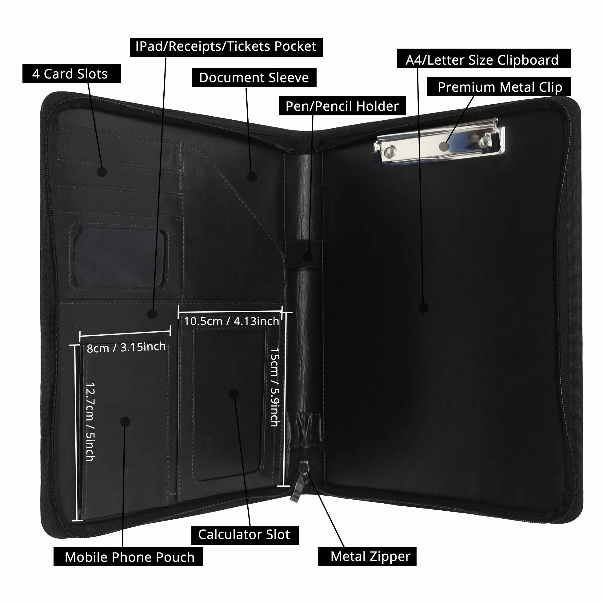 Cartella Portadocumenti con Cerniera A4 Organizer in PU Pelle Nero con Porta Tablet, Telefono e Biglietti da Visita