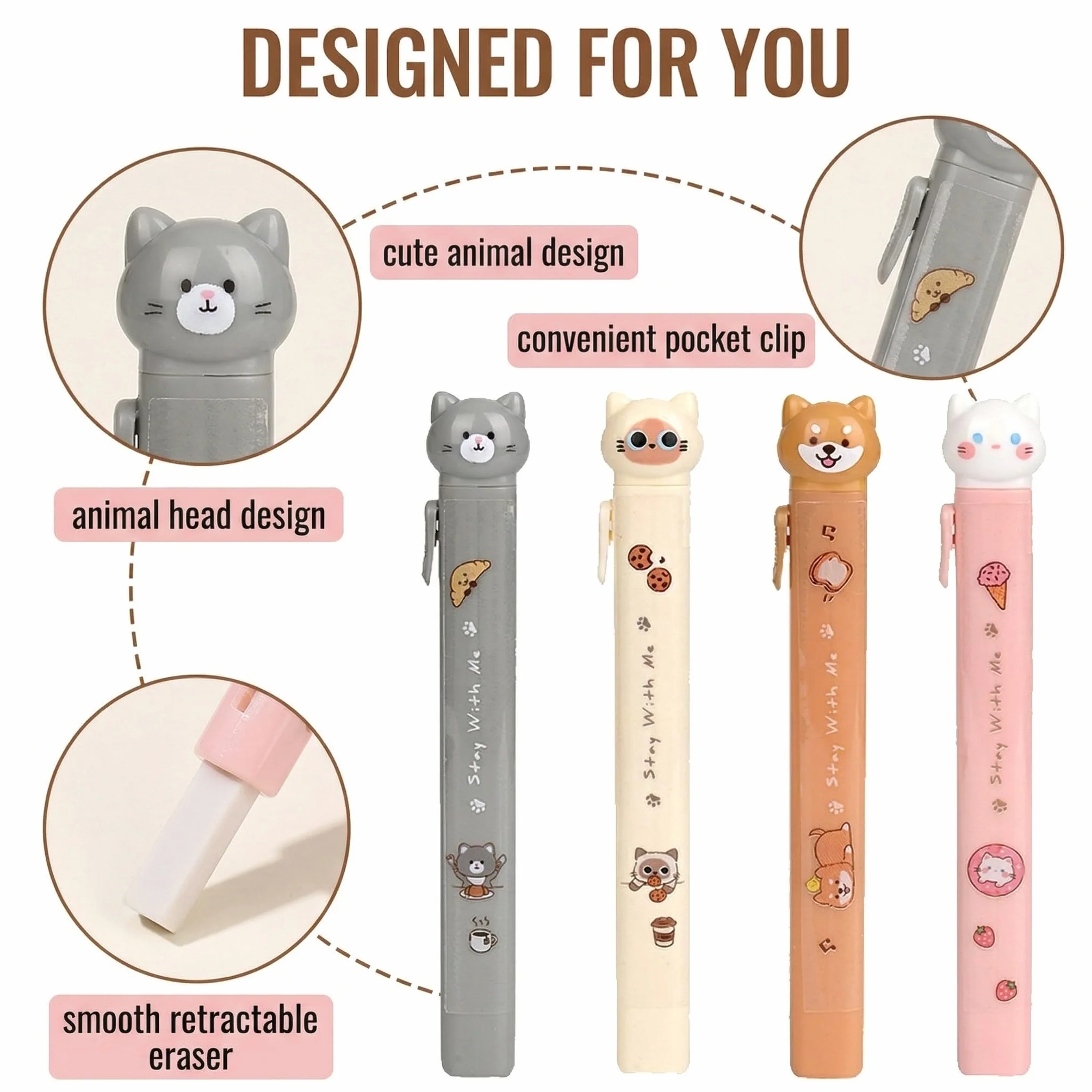 Gomme per Matite Retrattili con Design Gatto Carino - 4 Pezzi per Bambini, Disegno e Scrittura