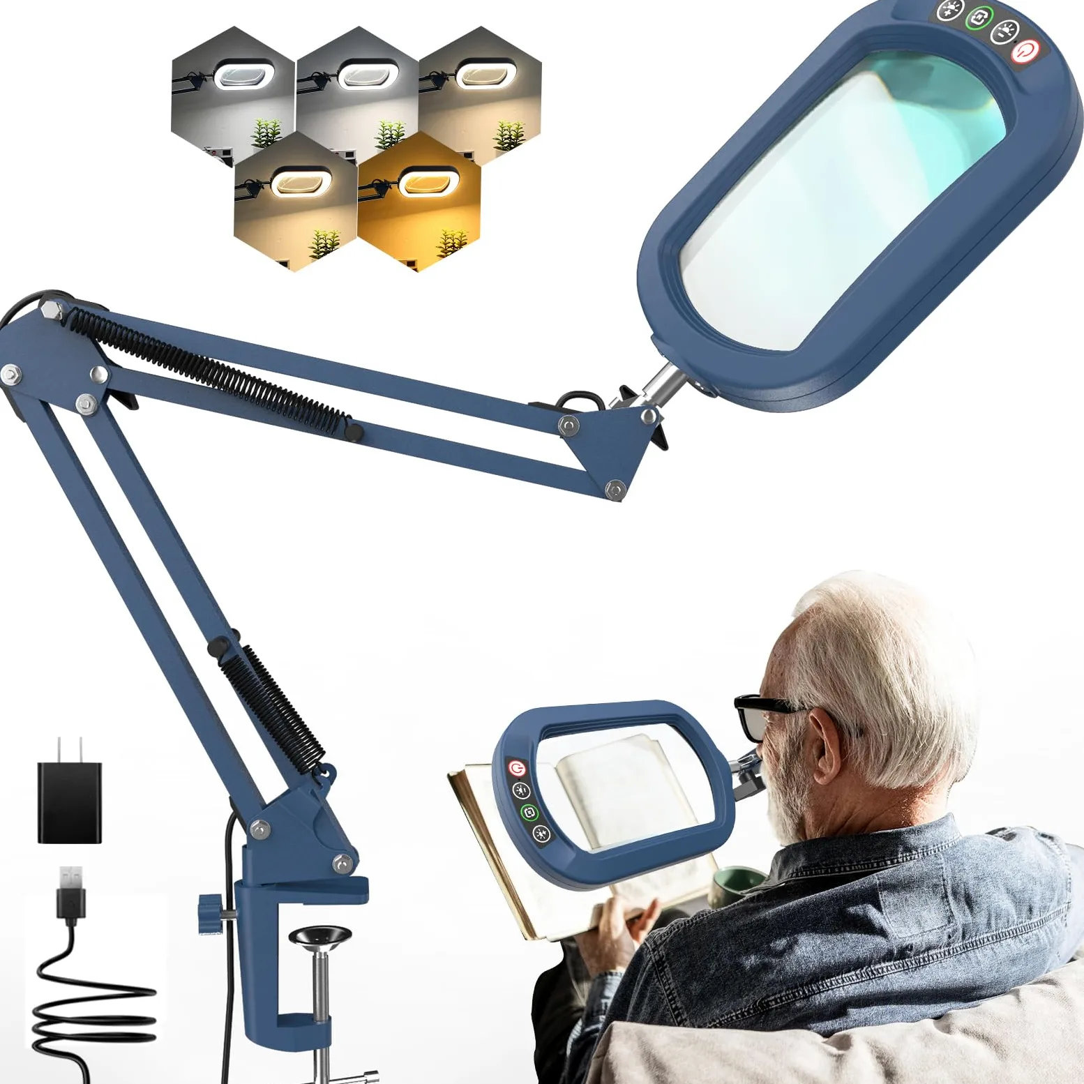 10 lenti con luce e morsetto, lente d'ingrandimento per illuminazione in vetro, 5 modalità di colore e dimmerabilità continua, lampada da scrivania a LED, a mani libere, per artigianato, hobby