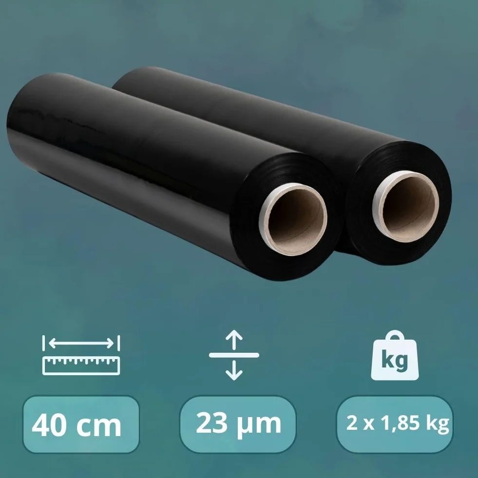 RAGO® Film estensibile imballaggio 2 pezzi 9,5 × 9,5 × 40 cm 300m Pellicola imballaggio trasloco nero Plastica per imballaggio Industriale e per Pallettizzazione 300 m