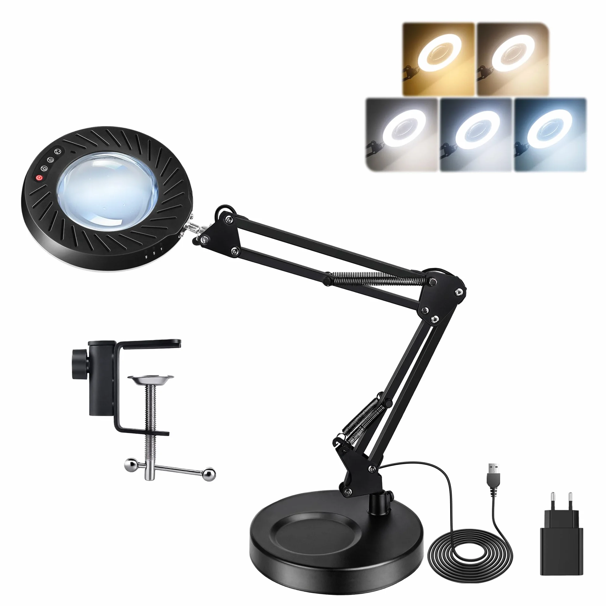 12X Lente Ingrandimento con Luce da Tavolo, 2A Adattatore incluso, 5 Modalità Colore 9 Luminosità, Lente da Tavolo con Luce per Lavori di Precisione Ricamo Modellismo Unghie, Base Stabile, 1PC