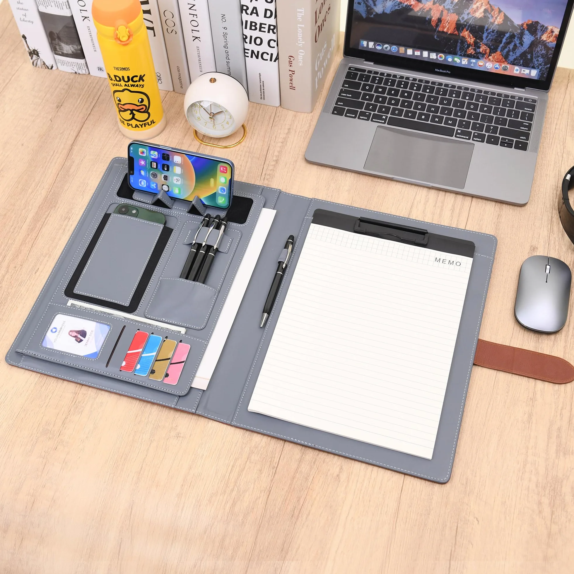 Wason Portadocumenti PU A4 Cartella Tasche Padfolio Custodia con Portablocco Rimovibile Grigio