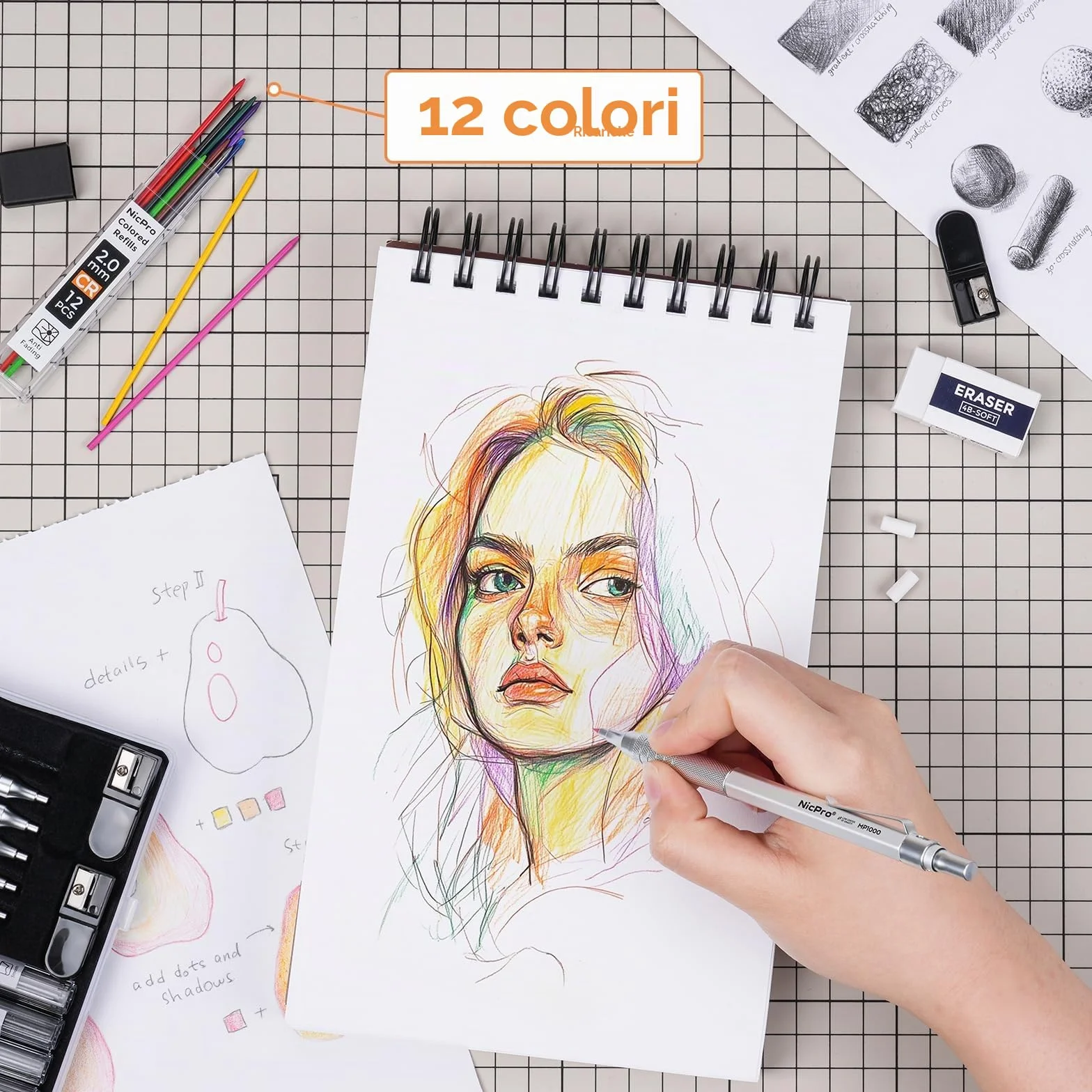 Nicpro 5 Pezzi Matita Meccaniche Set, Art Portamine 0.3-2mm con Ricariche, Temperamatita, Gomma per Disegno Artistico