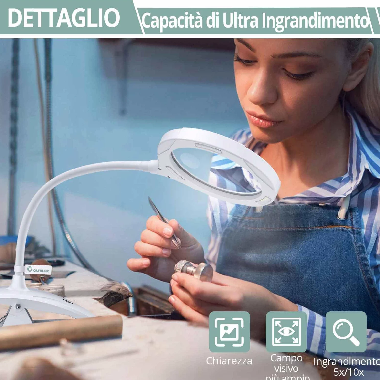 COLFULINE Lente di Ingrandimento con Lampade LED da Tavolo Ingrandimento Professionale 5x e 10x con Base e Morsetto 3 Livelli di Luminosità Regolabili per Lettura Pittura Fai-da-te Modello Manicure