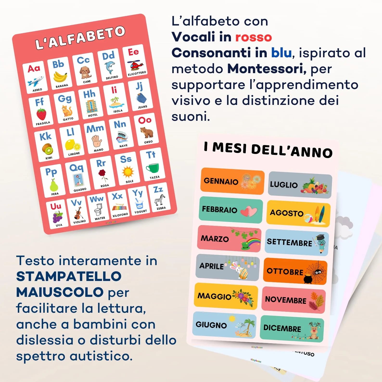 Poster Educativi per Bambini in Italiano - Set 12 Poster Didattici A3 Laminati 250 gsm - Alfabeto, Numeri, Colori, Montessori