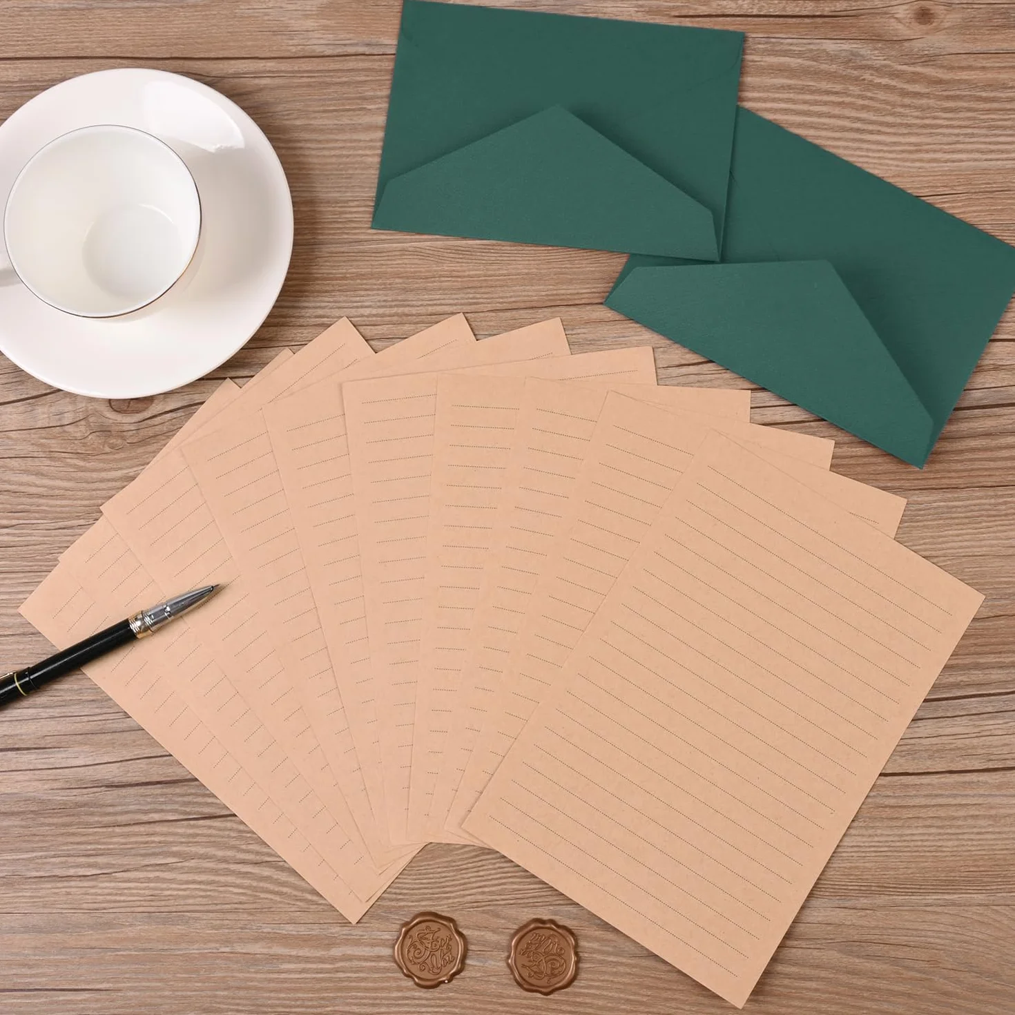 Set Vintage Carta da Lettere con Buste, 12 Buste Lino, 12 Adesivi Sigilli Cera, 24 Carte Kraft per Matrimonio