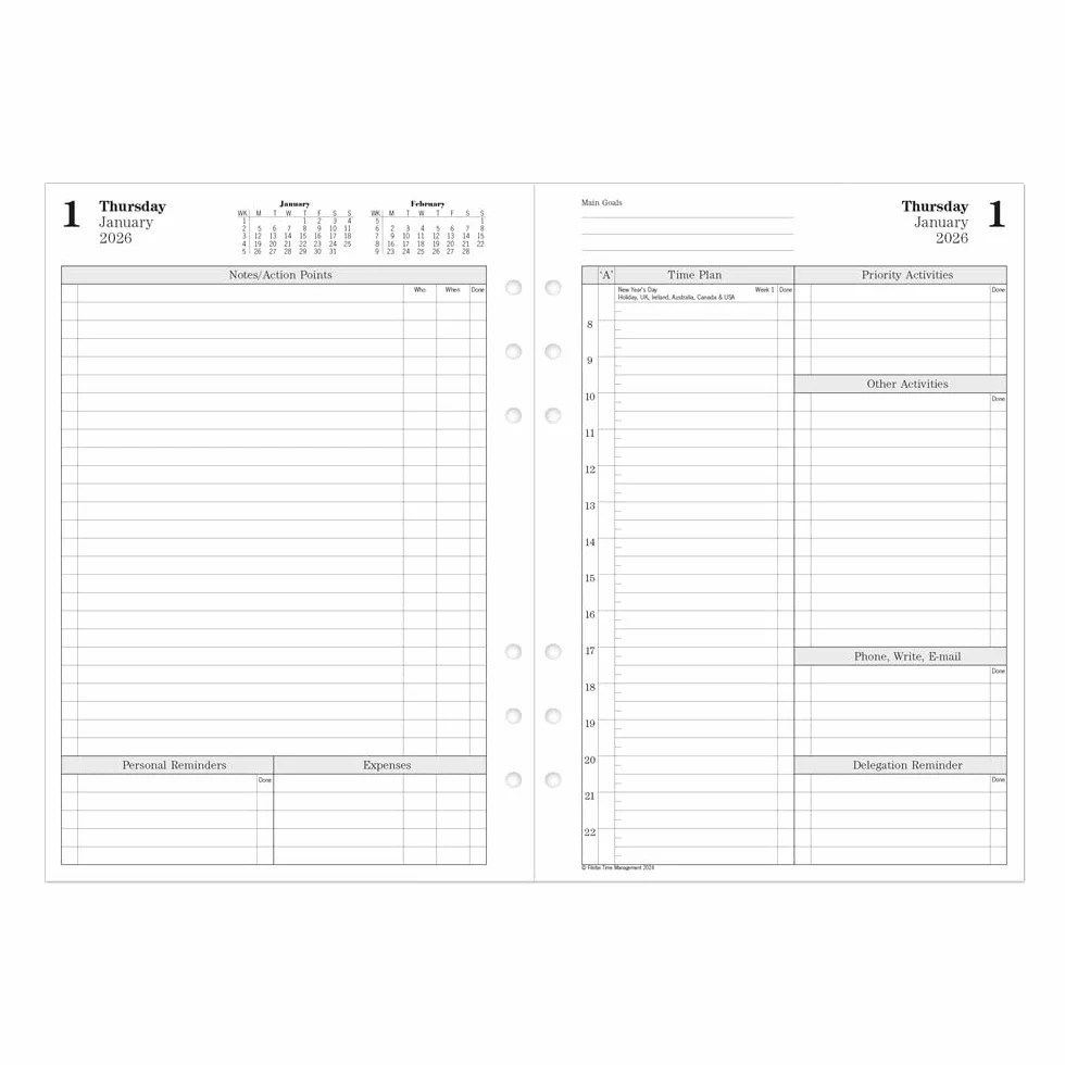Filofax Ricarica agenda calendario, formato A5, un giorno su due pagine con appuntamenti, gestione del tempo, libro bianco, inglese, 2026 (CTM7031-26)