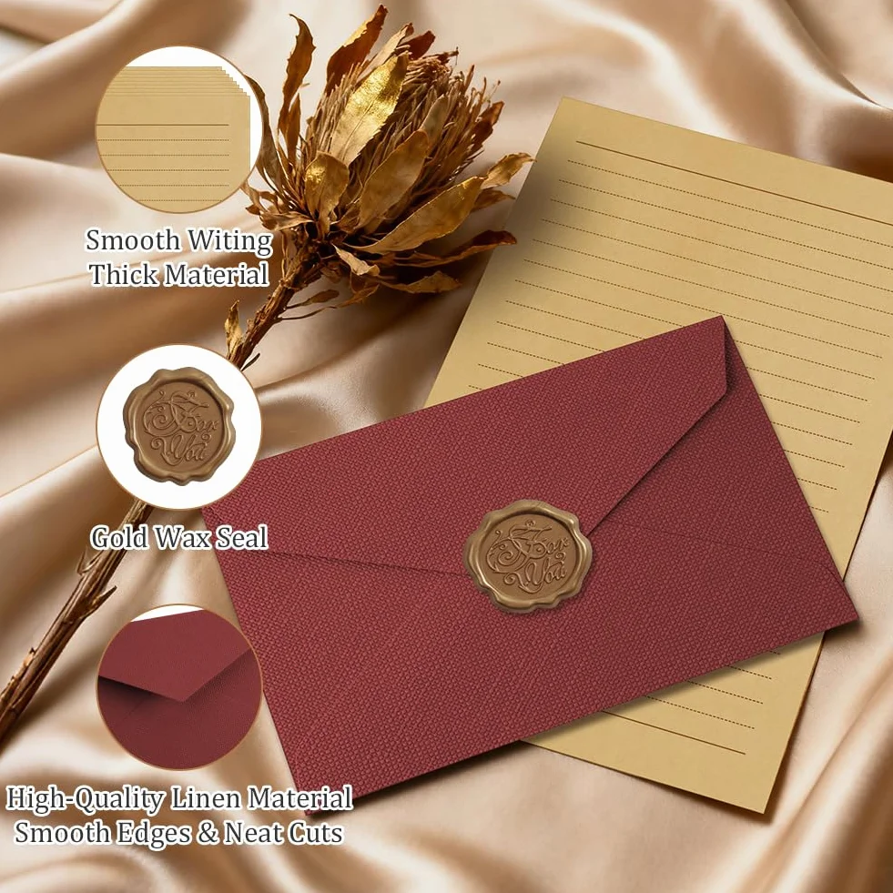 Kit per Scrivere Lettere Antiche 22 Pezzi, Buste Vintage, Carta da Lettere, Sigilli di Cera, Rosso + Bianco