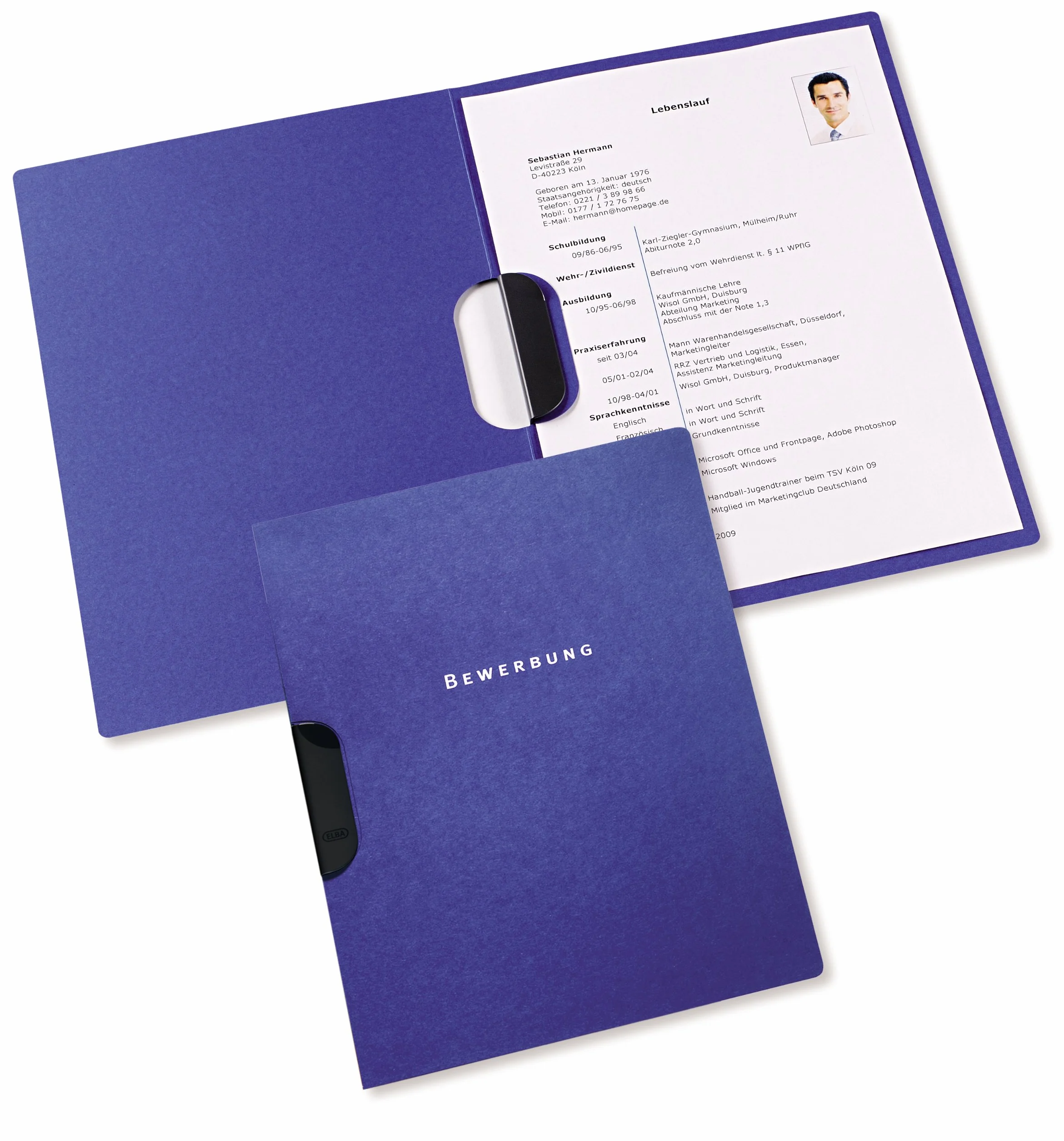Elba 36411DB - Cartellina per CV con clip fermacarte, 2 parti, cartoncino di elevata qualità, capacità: 30 fogli in formato DIN A4, confezione da 10 pezzi, colore: blu scuro
