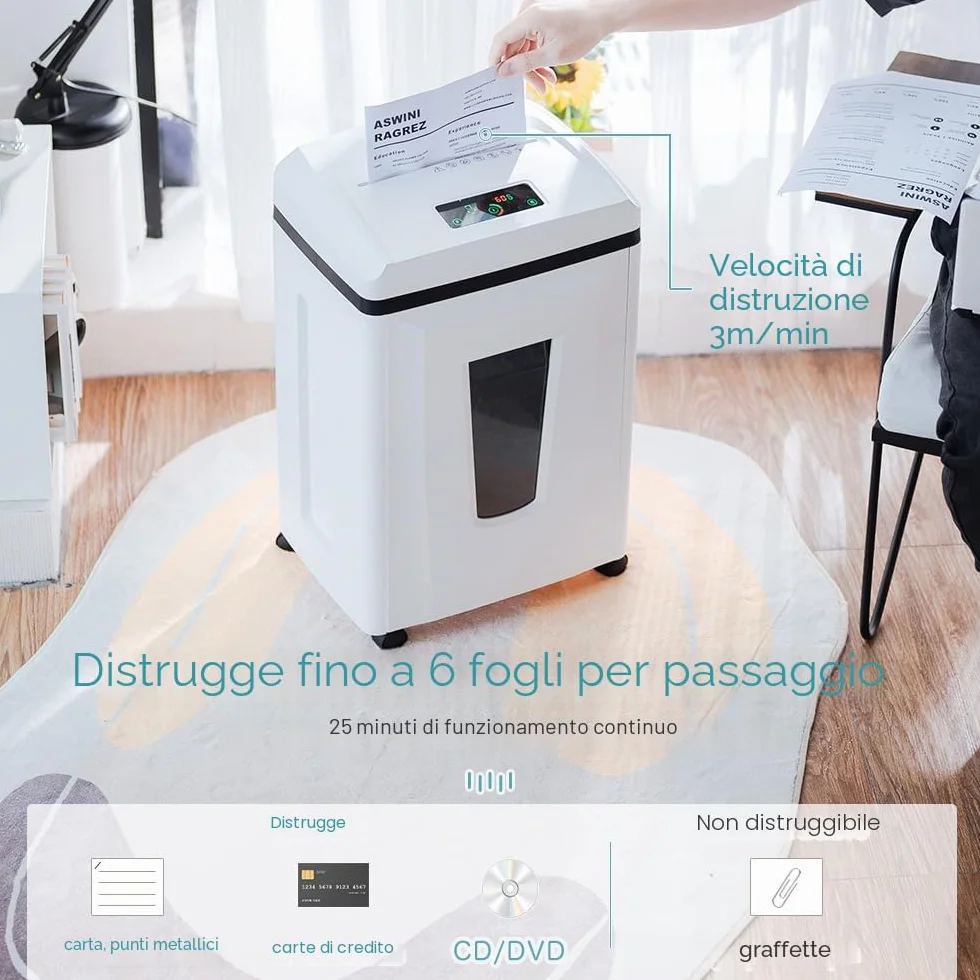 Kalopsia Distruggidocumenti Microframmenti: 1*1mm P7 Alta Sicurezza 6 Fogli Tritadocumenti Ufficio Casa 56dB Tritacarta Professionale per Carte di Credito Graffette CD/DVD 25min Autonomia 23L Cestino