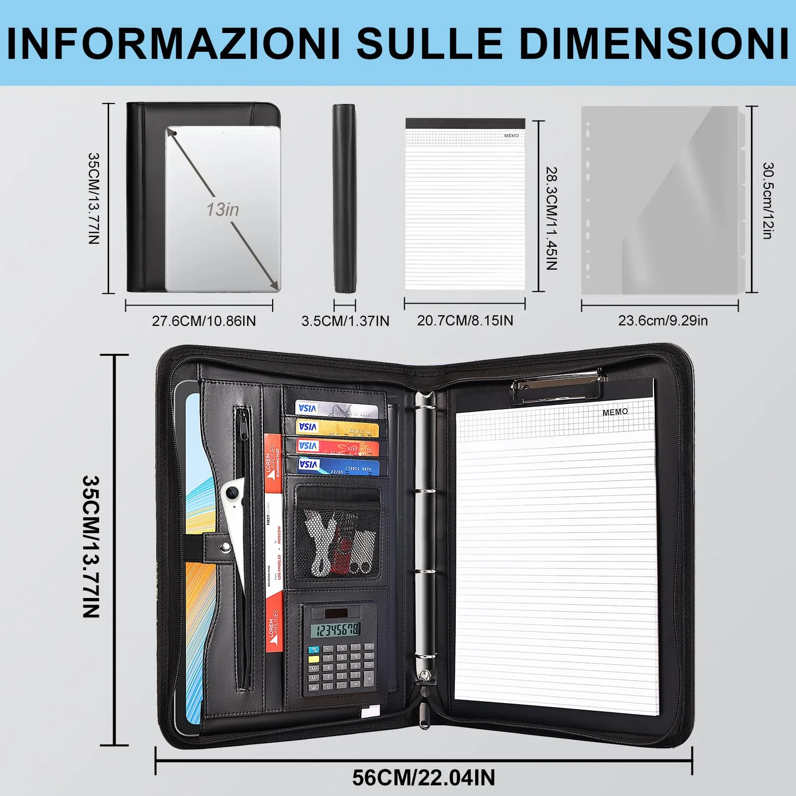 Leathario Cartella portadocumenti A4 pelle vegana organizer con cerniera Nero