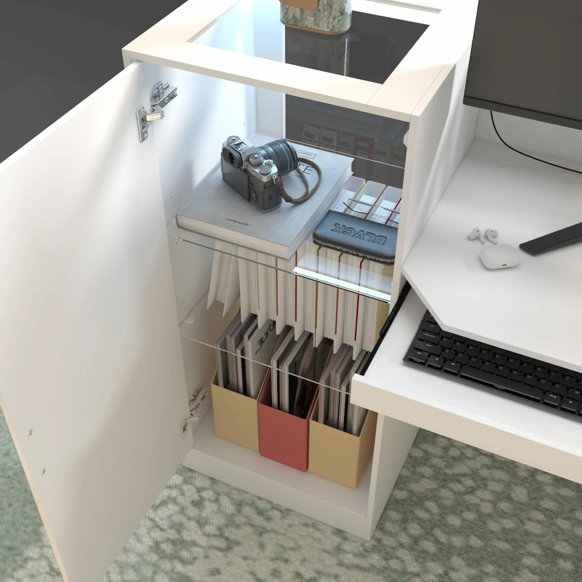 Bancone da reception bianco, tavolo da ricevimento con barra luminosa, bancone per reception, bancone ricezione, tavolo per reception, bancone ricezione con 2 armadietti e 1 vassoio scorrevole