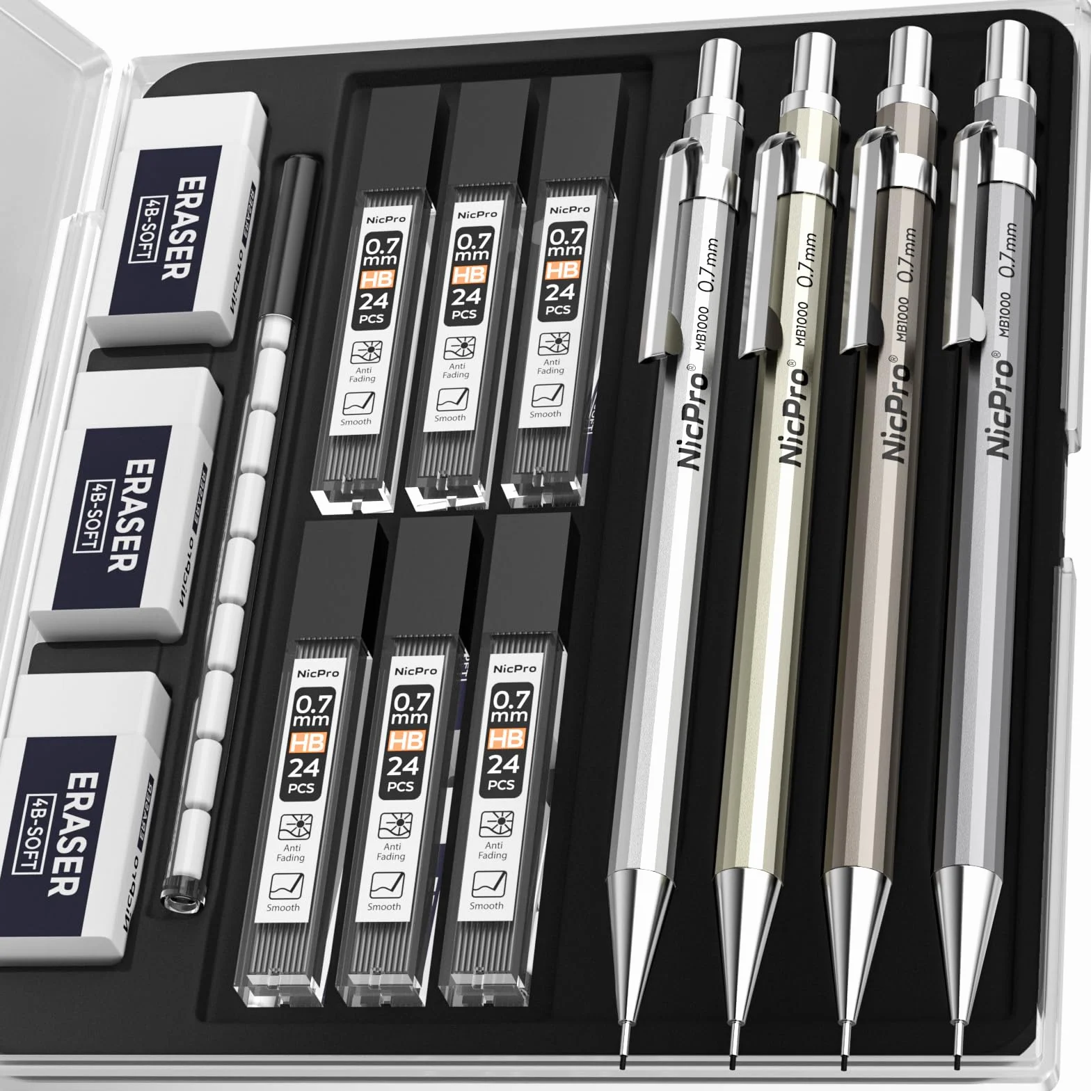 Nicpro 4 Pezzi Matite Meccaniche in Metallo 0,7 mm con 8 Ricariche HB per Scrittura Schizzo Disegno