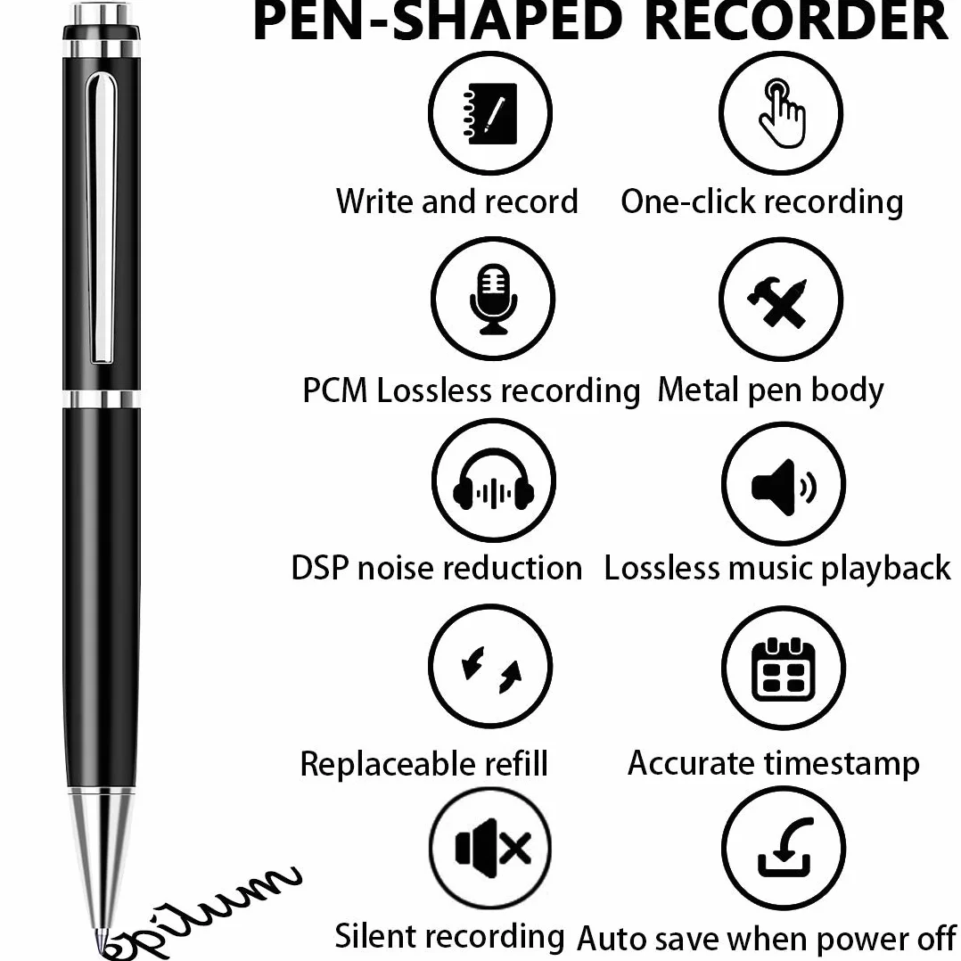 Penna Registratore Vocale, 32GB EPILUM per Conferenze, Mini Spia Registratore Vocale ad Attivazione Vocale HD, Registrazione Portatile con Riproduzione MP3 con Cuffie, USB Ricaricabile