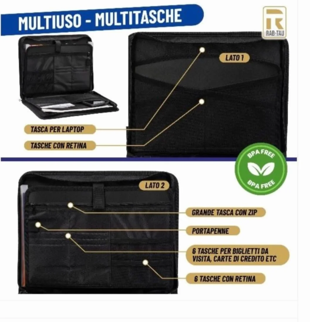 Cartella Portadocumenti in Eco Pelle Nera Porta Documenti A4 12 Slot Carte Organizer Ufficio Viaggio 36x26x5 cm