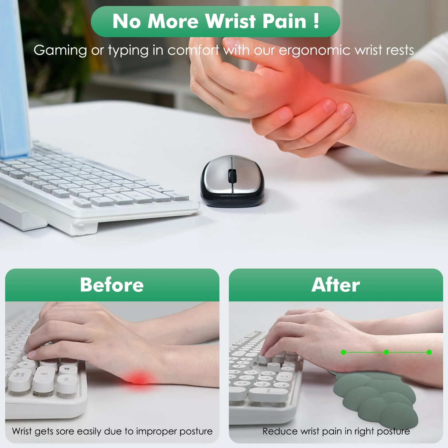 MoKo Poggiapolsi a Nuvola Ergonomico per Tastiera e Mouse in Poliestere Verde