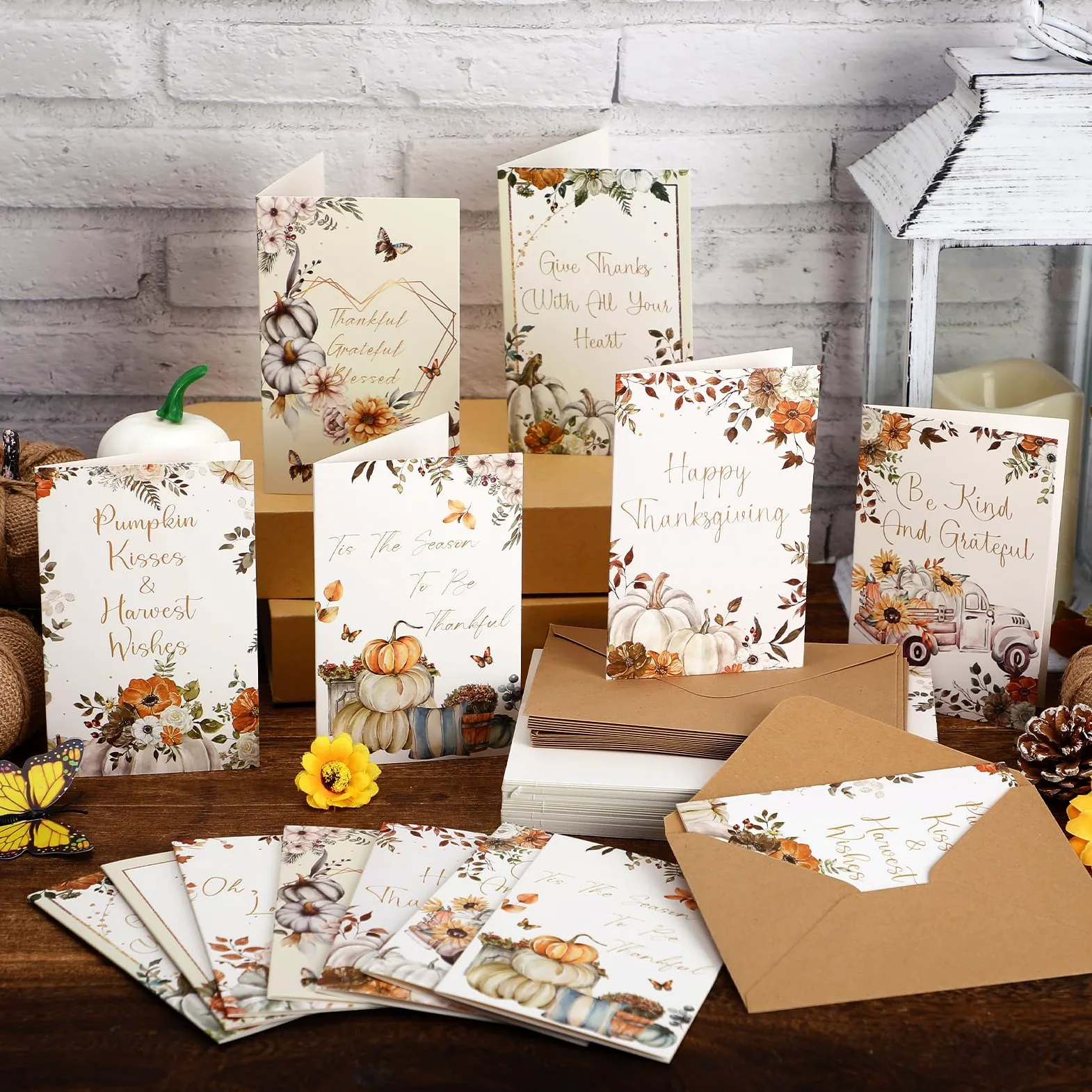 Motiskyy Set di 80 biglietti d'auguri con buste e 4 fogli di adesivi con zucca autunnale e girasole, biglietti di auguri per amanti, amici, familiari, dipendenti, colleghi, regali