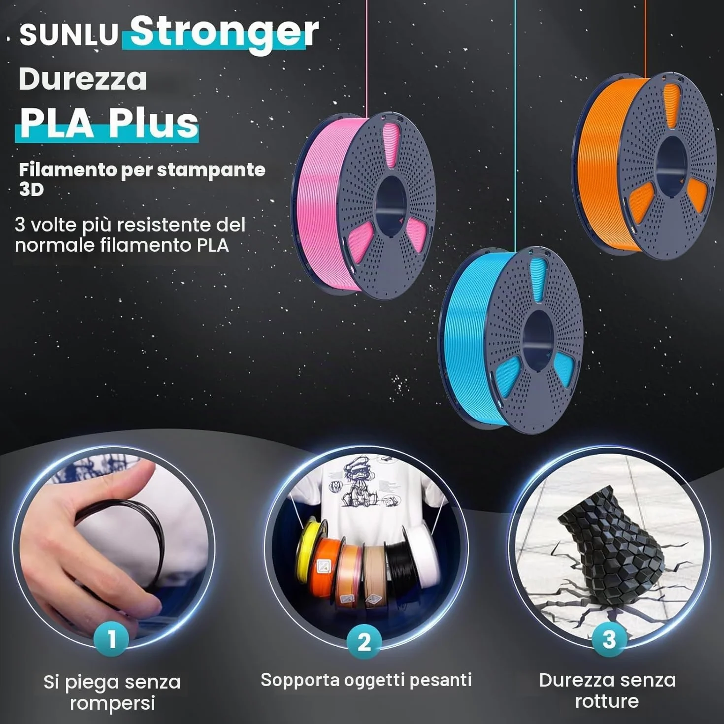 SUNLU Filamento PLA+ 1.75 mm 1KG per Stampante 3D, Precisione +/- 0.02 mm (Nero)