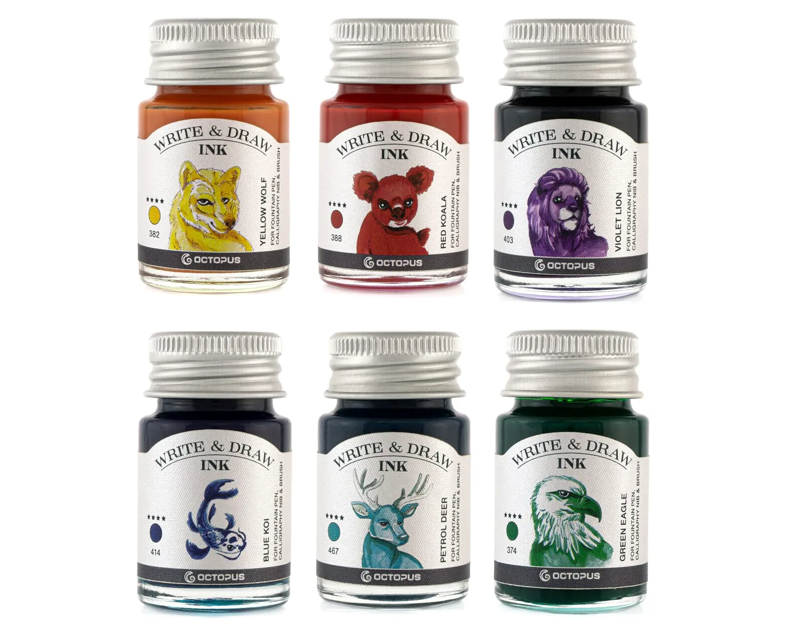 Octopus Write and Draw Ink Set RAINBOW, inchiostro impermeabile per scrittura e disegno, inchiostro per calligrafia, inchiostro da illustrazione per penna stilografica, 6x10 ml