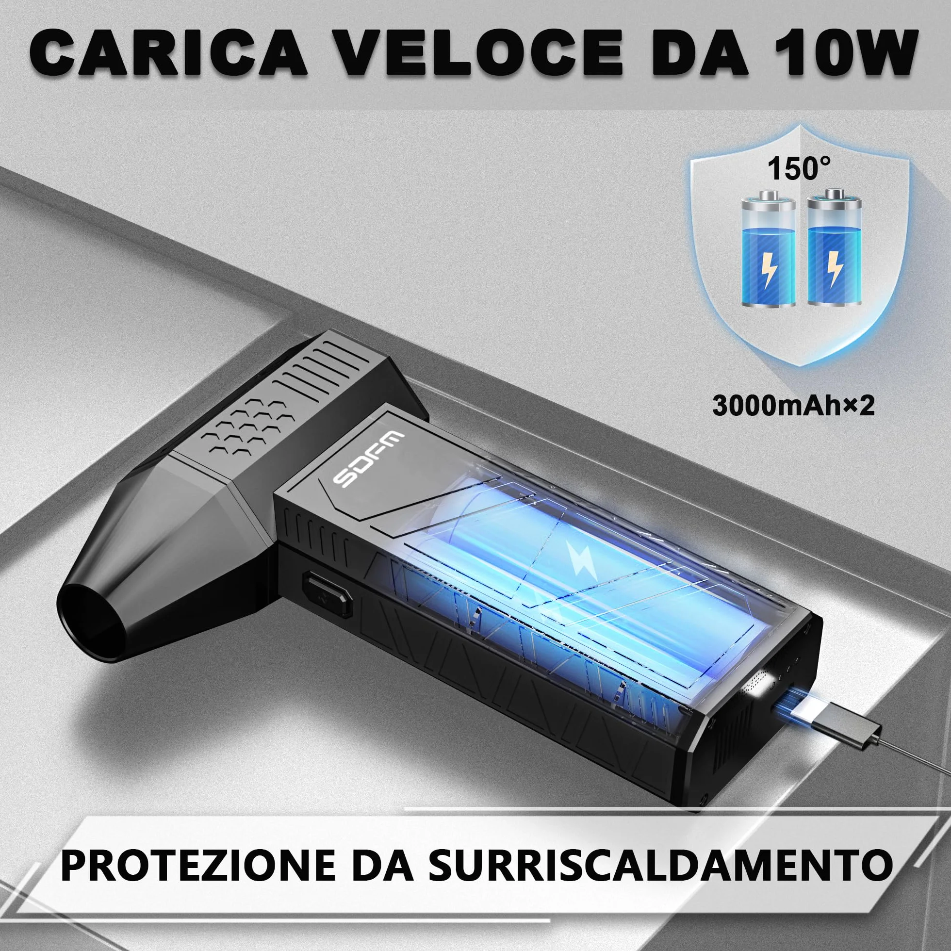 SDFM Soffiatore Aria Compressa, 130,000 RPM, 3 Velocità Elettrico Aria Compressa, con Protezione Intelligente, Senza Fili e Ricaricabile, per Pulizia di PC, Tastiera, Auto e Divano (Black)