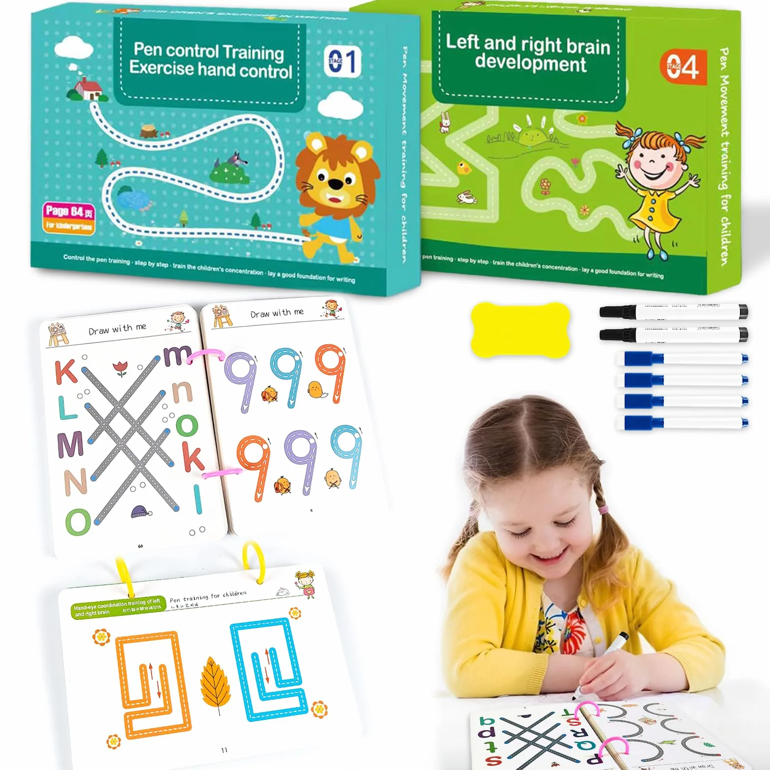 Scribble Smart Workbook Libro per Imparare a Scrivere Cancellabile Pregrafismo Riutilizzabile Prescolare Attività Bambini 3-6 Livello 1+4