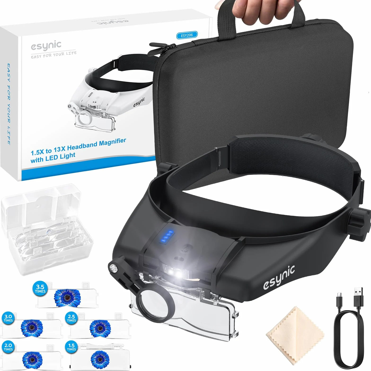 eSynic Lente di Ingrandimento Frontale a 2 LED Luce Regolabile, con 5 Lenti 1.5-3.5X + 8X Fino a 13X e Custodia Zip, Lente d'Ingrandimento a Testa Ricaricabile per Ricamo Lettura Riparazione - Nero