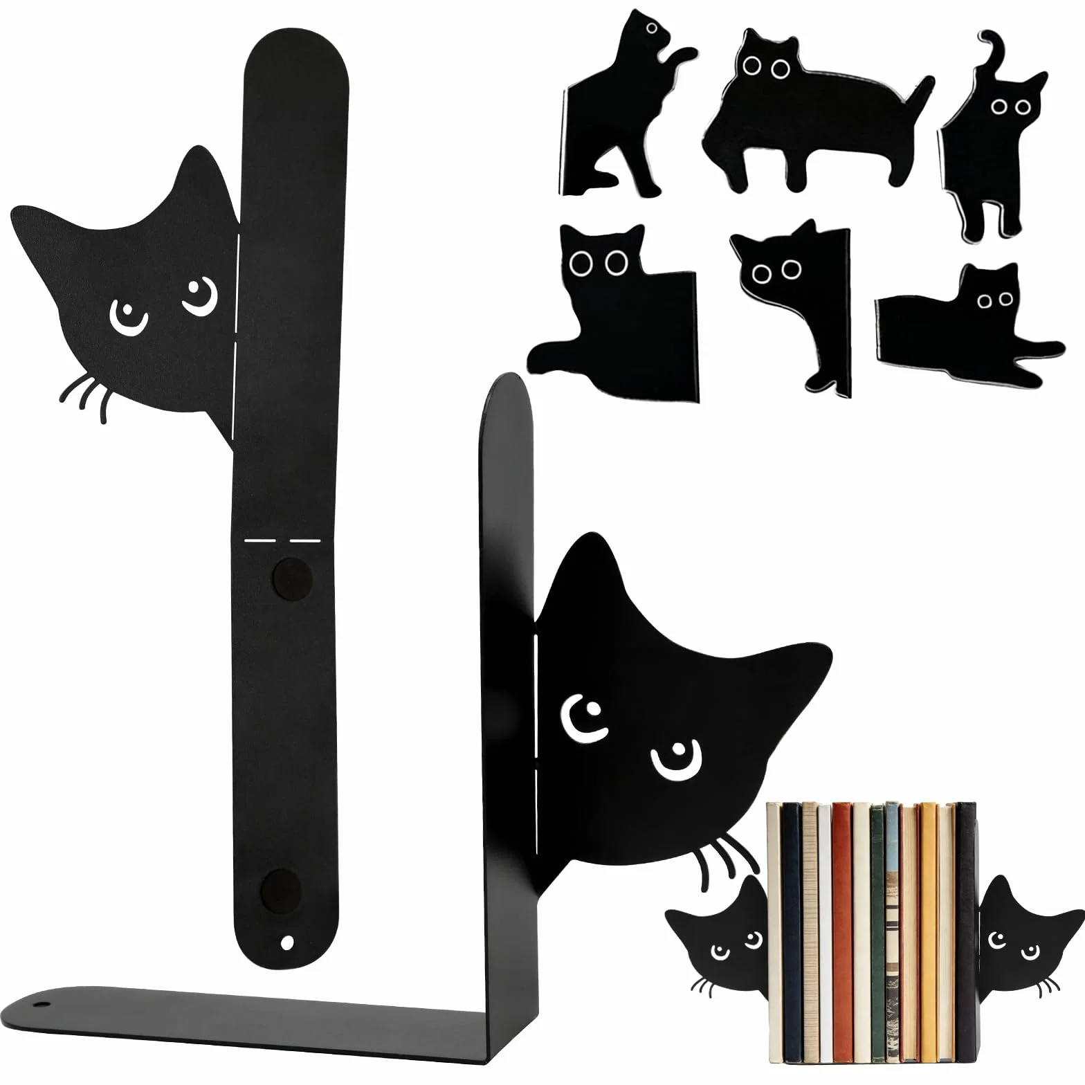 Fermalibri in Metallo con Gatto, 2 Pezzi, Divisori Libri con Segnalibro Magnetico, Reggilibri per Libreria