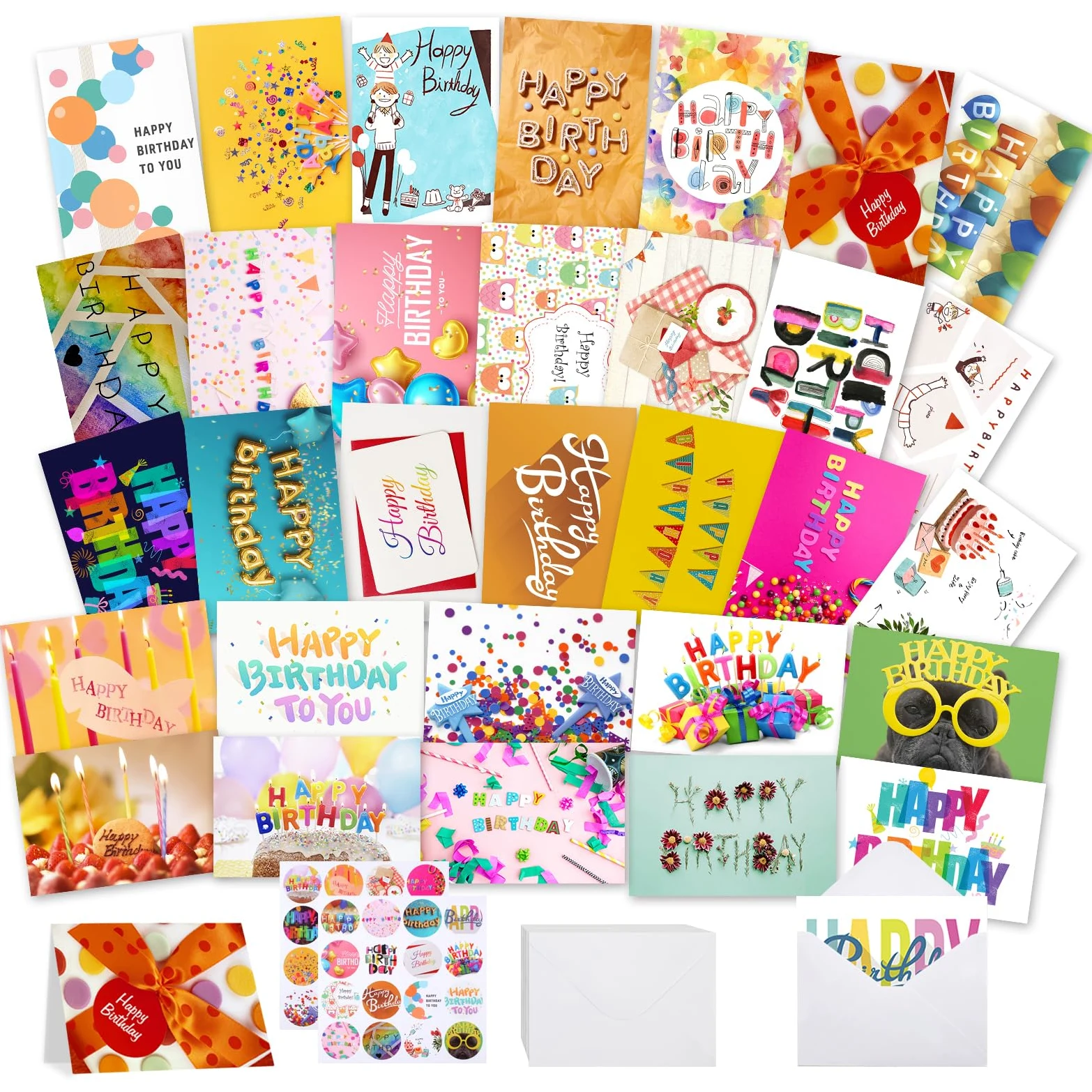 Joyberg 32 biglietti di auguri di compleanno e buste autosigillanti, 10,2 x 15,2 cm, multi-stile, biglietti di compleanno per bambini, per scuola, ufficio, famiglia,