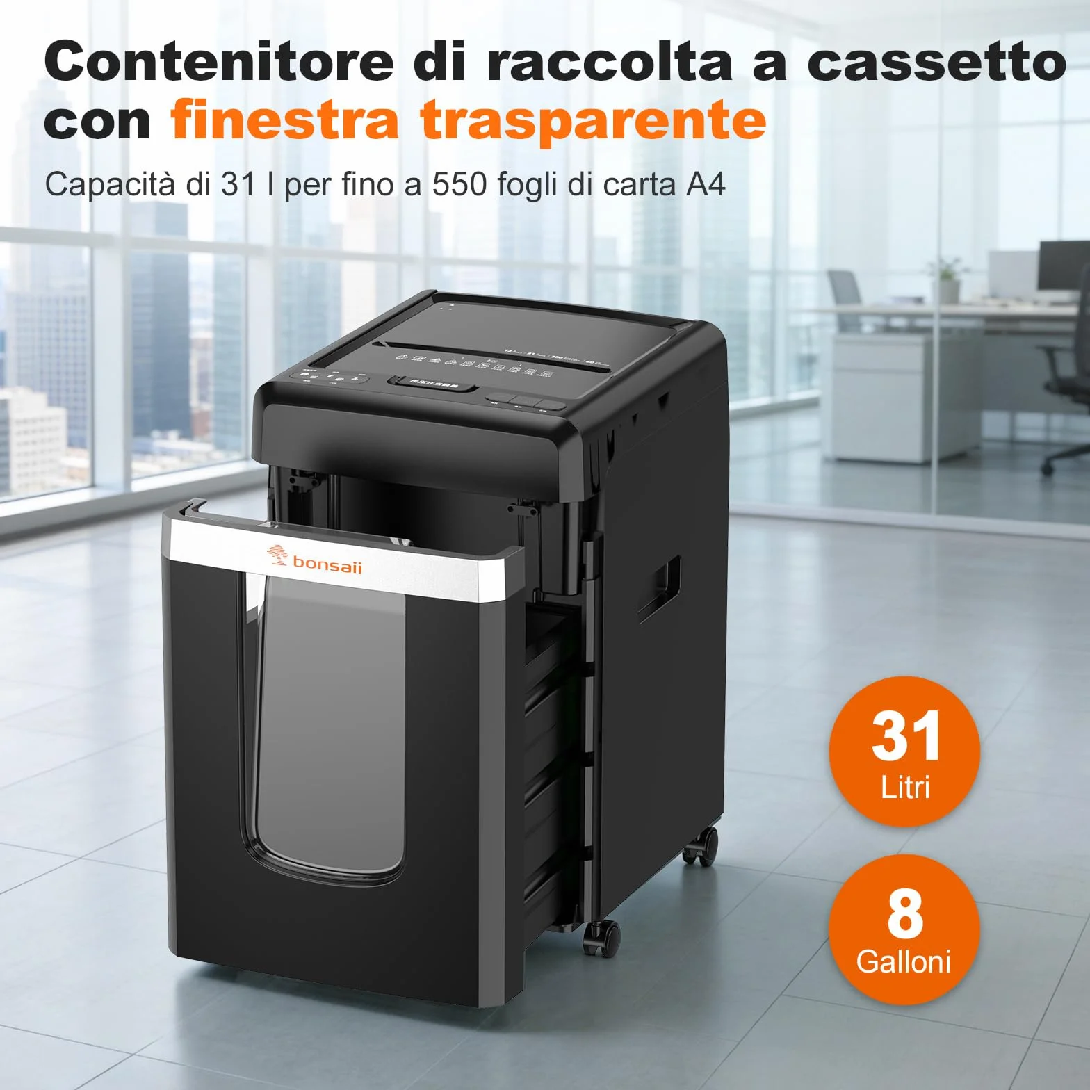 Bonsaii C291-A Distruggidocumenti P-4 Micro-Cut, con alimentatore automatico di documenti da 300 fogli, funzionamento continuo, 60 minuti, contenitore per rifiuti da 31 litri