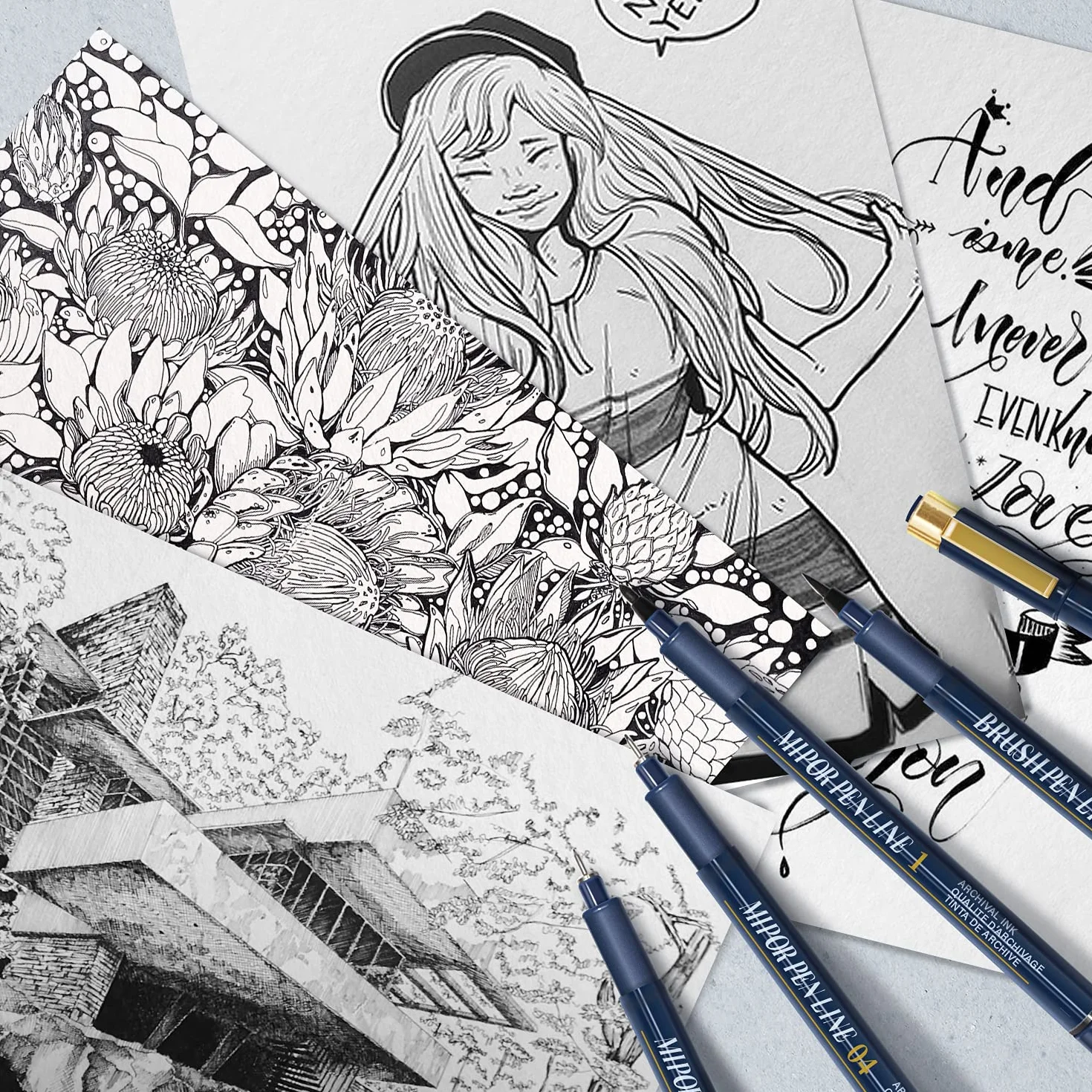 Pennini Fineliner Penne 12 Pcs Black Micro Liner Pen (0,03 mm-3 mm) per Disegni Tecnici e Illustrazioni