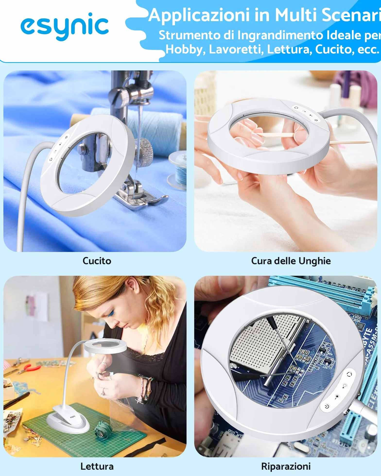 eSynic 2 in 1 Lente di Ingrandimento 5X 10X Lampada LED da Tavolo con Morsetto Staccabile e USB Cavo Integrato, Magnifier a 40 LED, 3 Colori Luce, 5 Temperature 3000-6500K, 10 Luminosità Regolabile