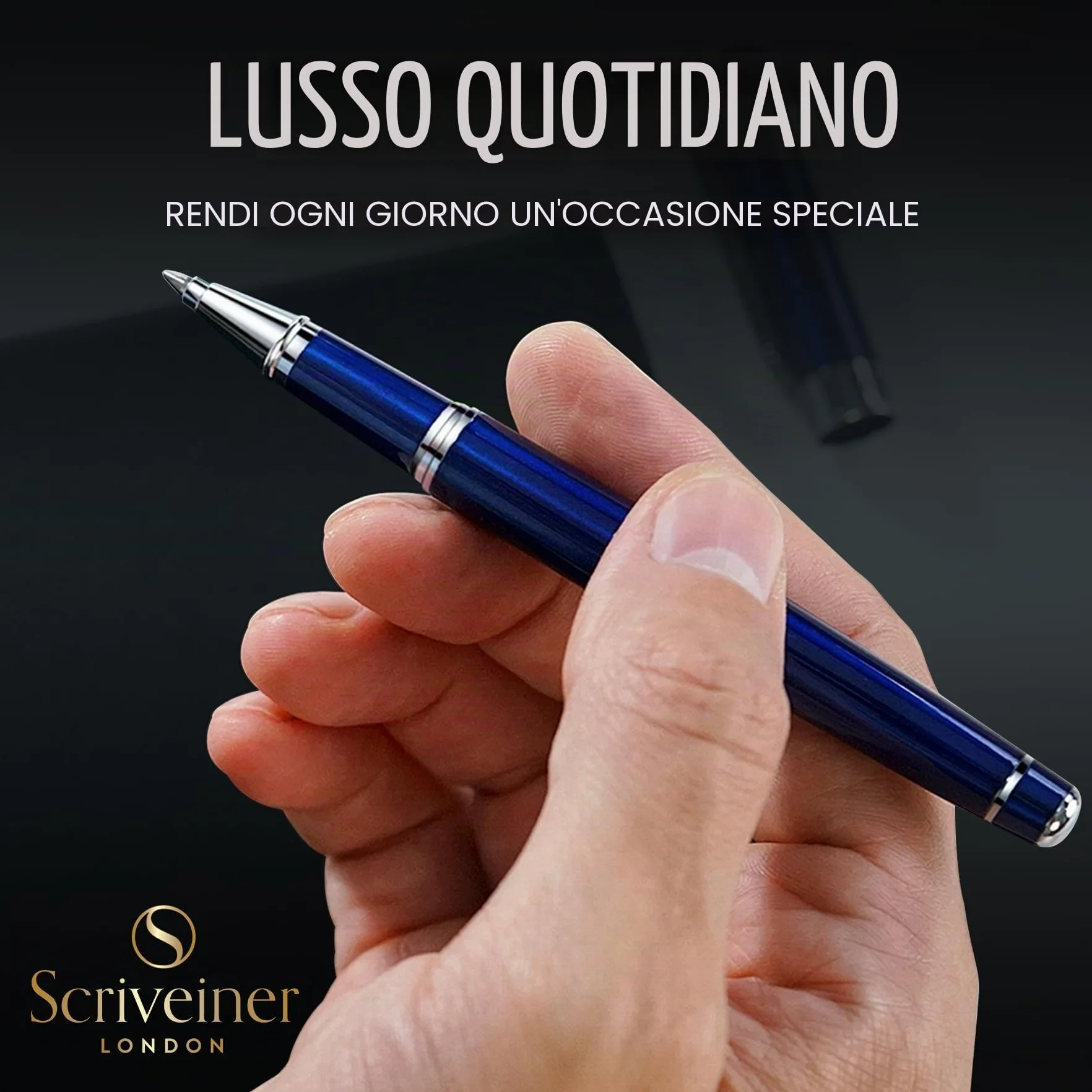 Scriveiner Midnight Blue Rollerball Pen, Laccata Blu Notte, Decori Cromati, Refill