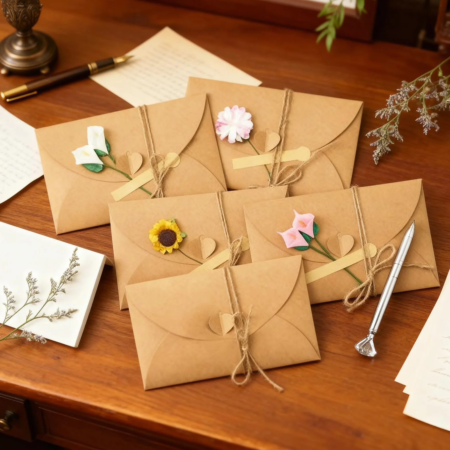 60 Pièces Mini Bustes in Carta Kraft con 60 Biglietti Bianchi, Buste con Chiusura a Cuore per Regalo, Feste, Matrimonio, Natale