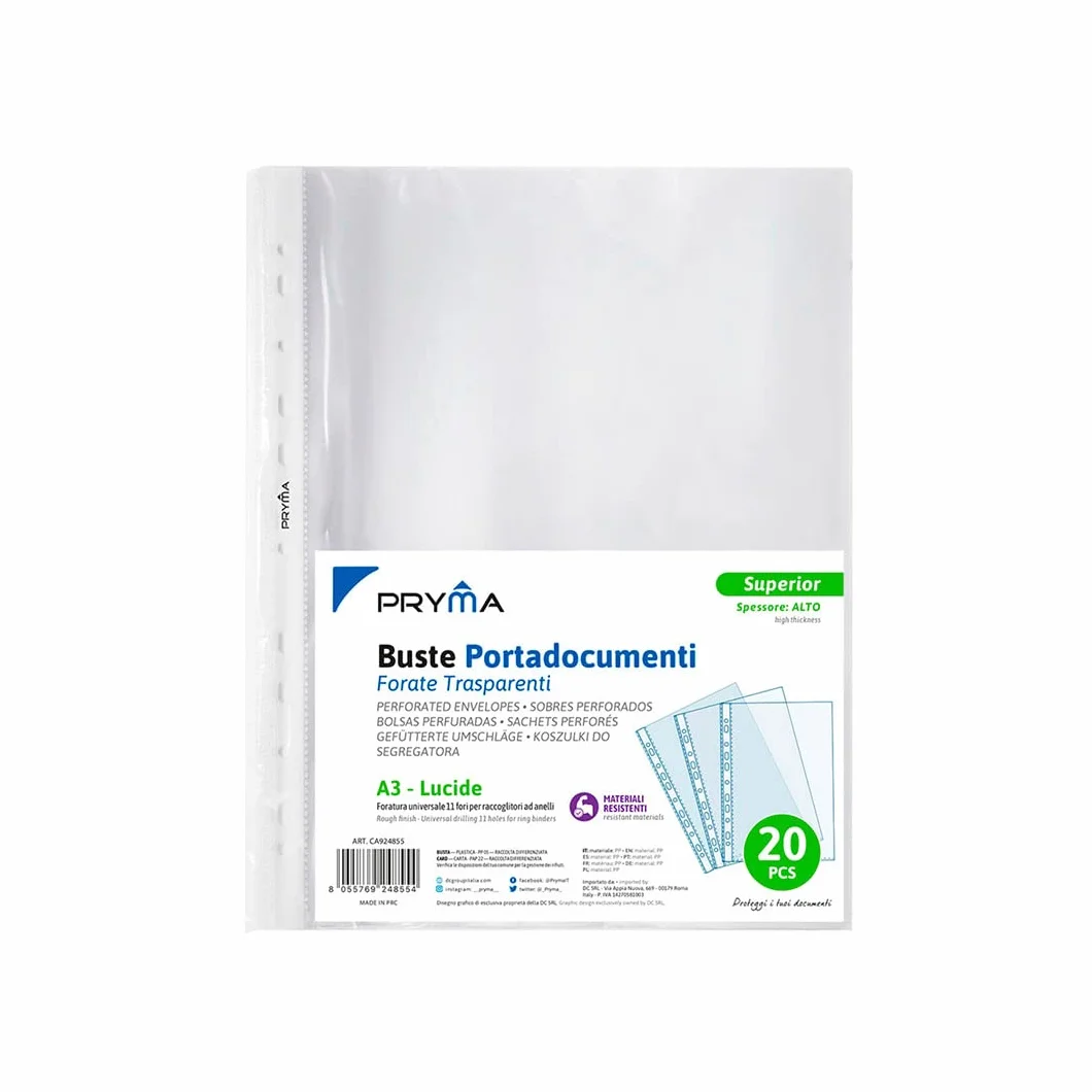 PRYMA Buste Forate A3 30x42 cm Trasparenti Lucide per Raccoglitori Protezione Documenti 20 pezzi